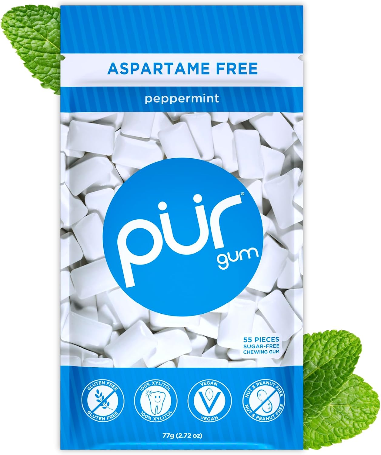 PUR Gum | Sugar Free Chewing Gum | Made with Xylitol | Vegan, Aspartame Free, Gluten Free & Keto Friendly | Natural Peppermint Flavoured Gum, 55 Pieces (Pack of 1)