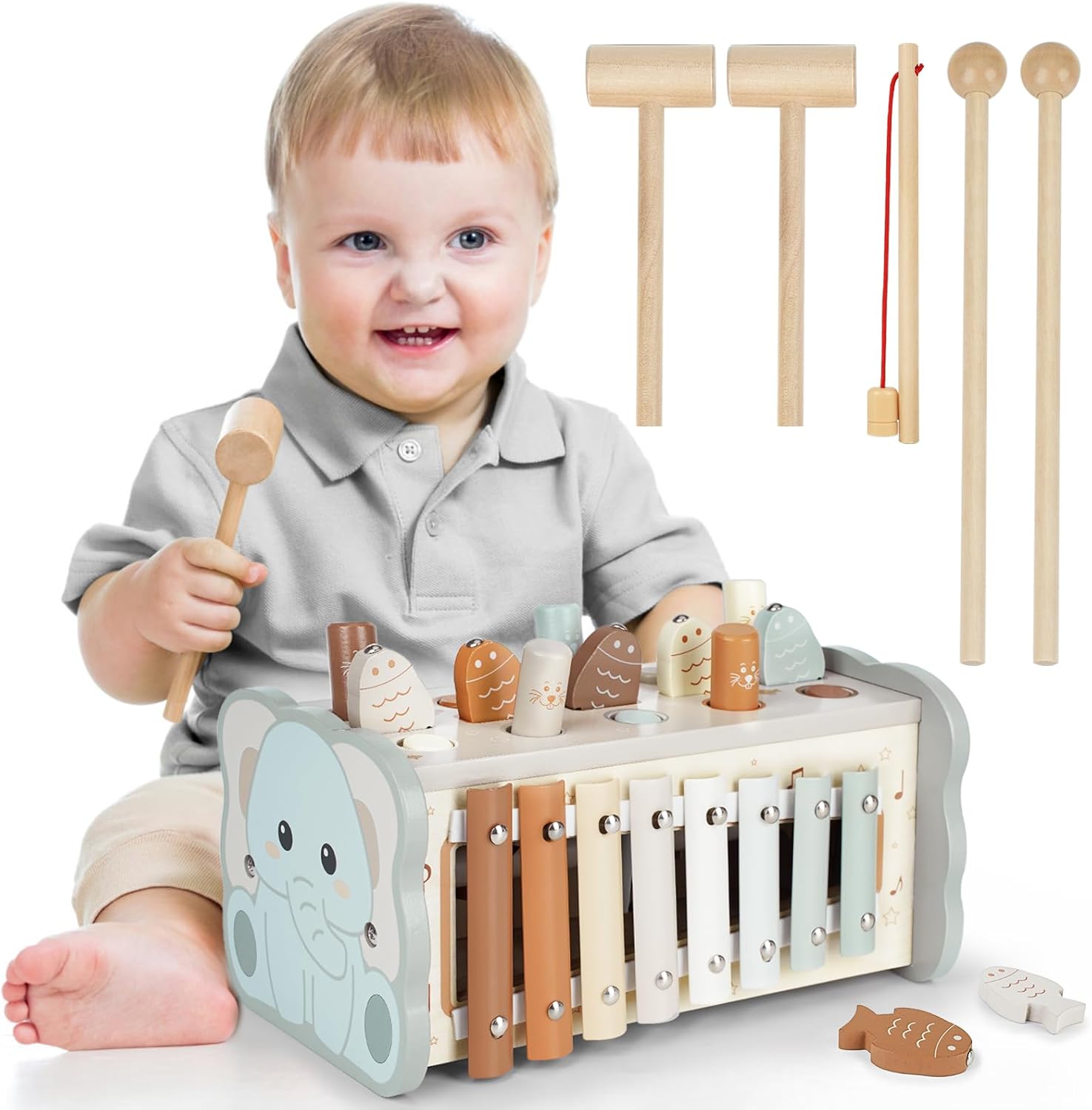 DINORUN Montessori Toys for 1 Year Old Boy Girls, Wooden Hammering Pounding Toy with Xylophone Magnetic Fishing Game for Kids, Gifts for 1 2 3 Year Old Boy Girl