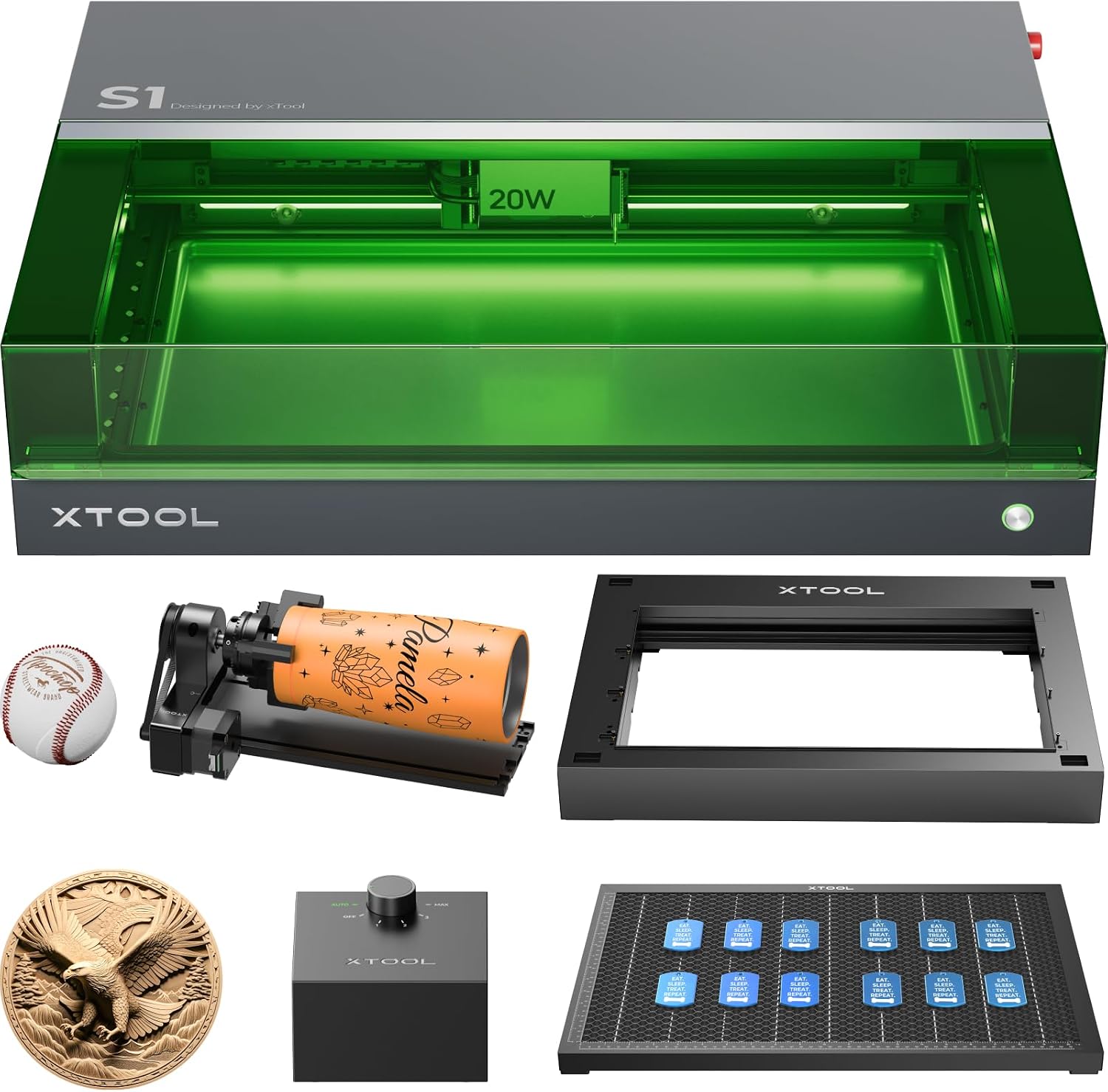xTool S1 20W Engraving Machine with Riser Base & Honeycomb Working Sheet & Air Assit & RA2 Pro, Auto Focus, Enclosed Engraver and Cutter for Wood and Metal, Class I Safety CNC Machine