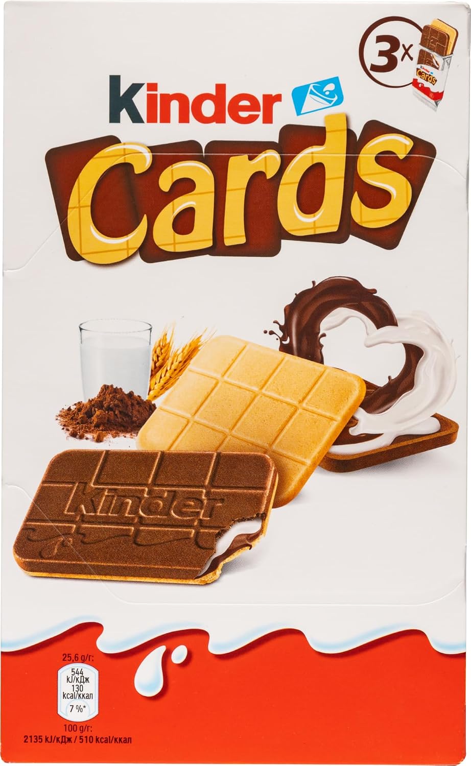 Milk Chocolate Wafer Cookies with Cream & Chocolate Filling Kinder Cards, 3 Individually Wrapped Packs of 2 Wafers, European Snack, 76.8g / 2.69oz