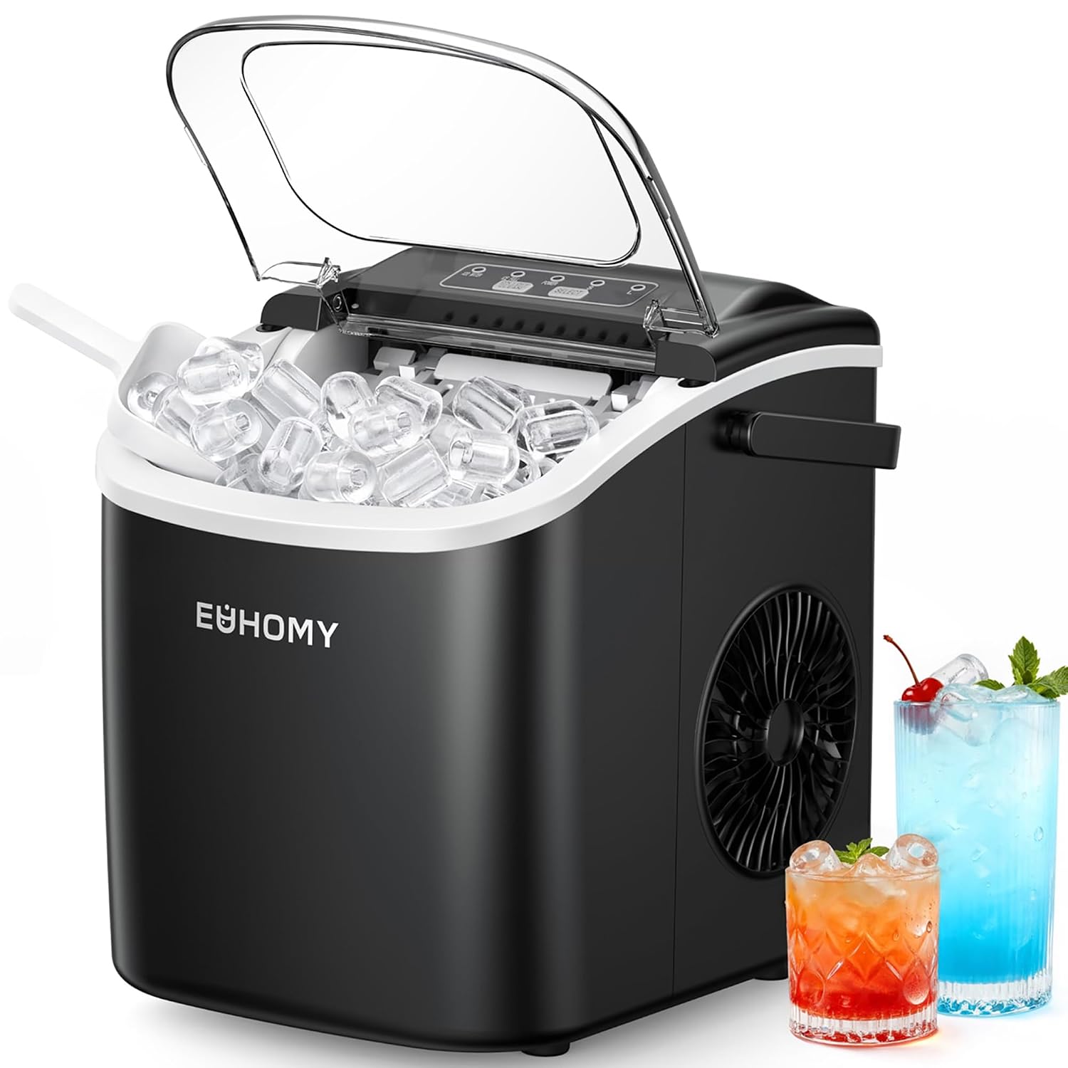 EUHOMY Ice Maker Machine Countertop Ice Cube Maker, Self-Cleaning Function,9 Cubes in 6 Mins,Portable Ice Cube Maker Machines with Ice Scoop & Basket for Home/Kitchen/Office/Bar, Black