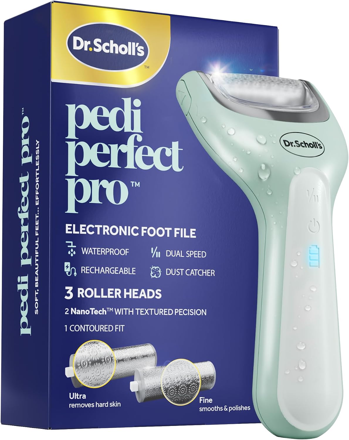 Dr. Scholl's Pedi Perfect Pro Electric Foot Callus Remover with x3 Roller Heads, Waterproof, Rechargeable - Removes Hard Skin for Soft Beautiful Feet, 90-Minute Run Time, Dust Catcher, Pedicure Tools