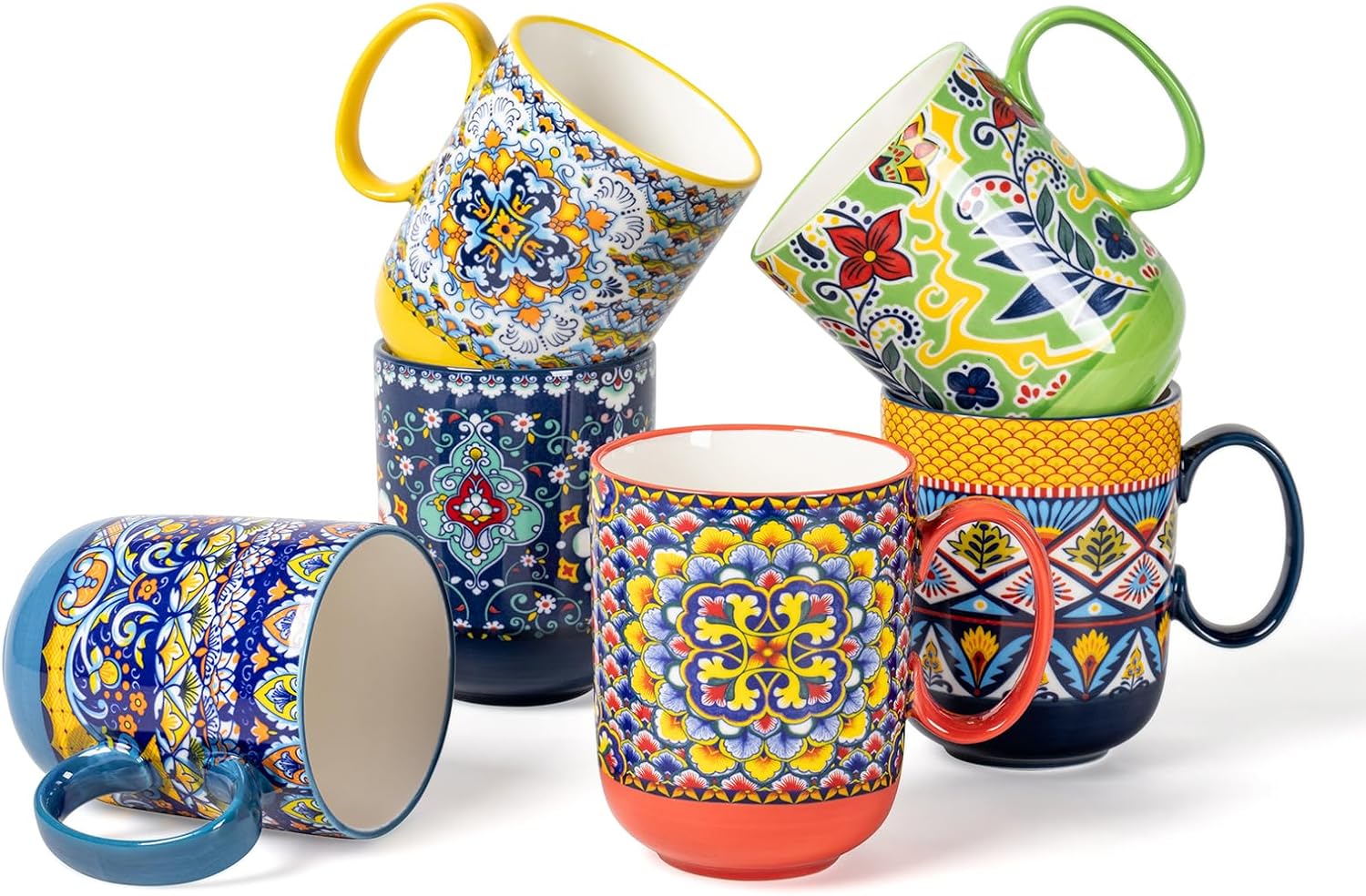 HENXFEN LEAD Coffee Mugs Set 14 Ounce - Multicolor Porcelain Cups for Latte, Hot Tea, Cappuccino, Cocoa, Soup, Dishwasher, Microwave Safe, Christmas Gift Set of 6 - Bohemian Style