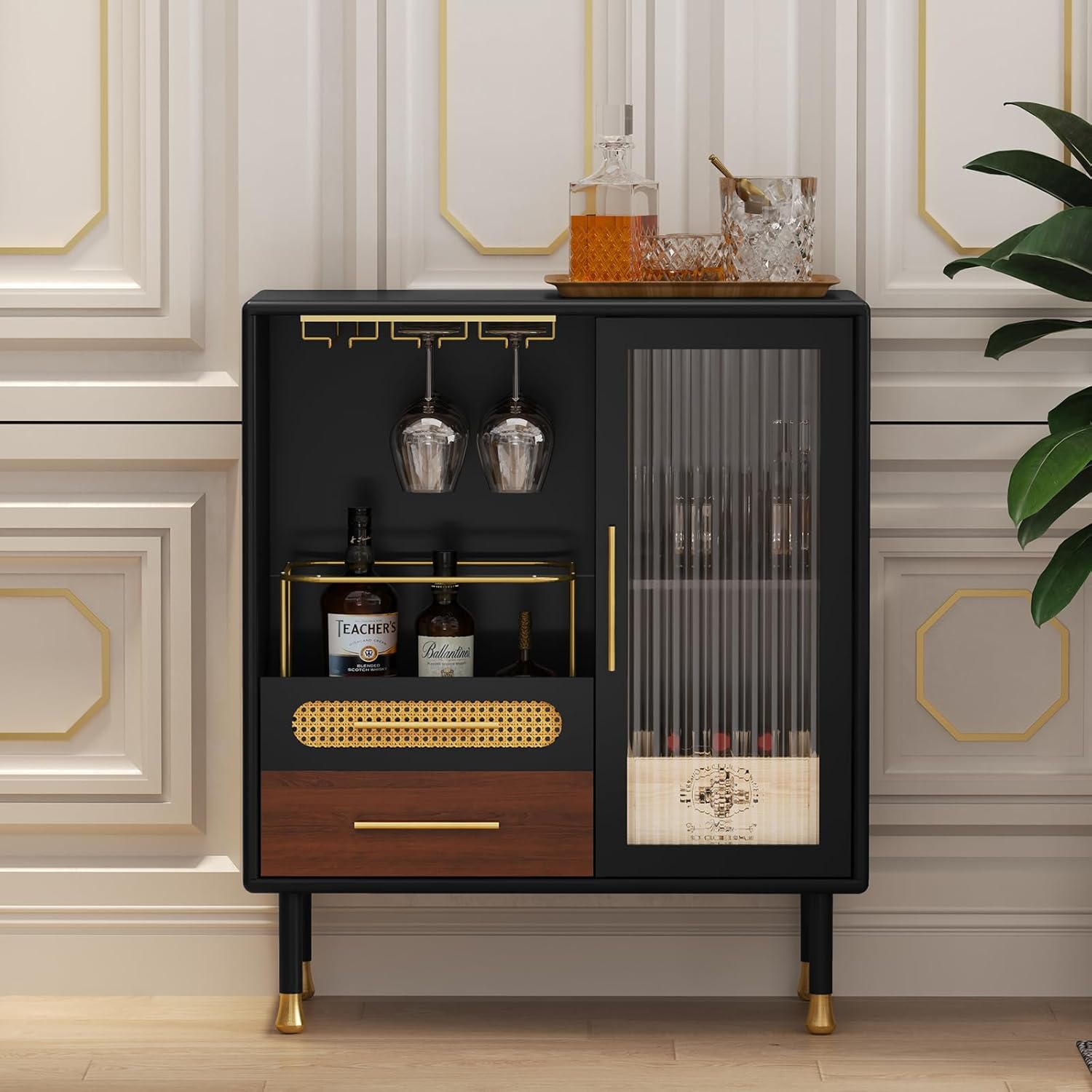 HOLTICO Drinks Cabinet, Black Coffee Bar Cabinet with Wine Glass Racks and 2 Drawers, Modern Wooden Buffet Sideboards for Living Room, Kitchen, Dining Room