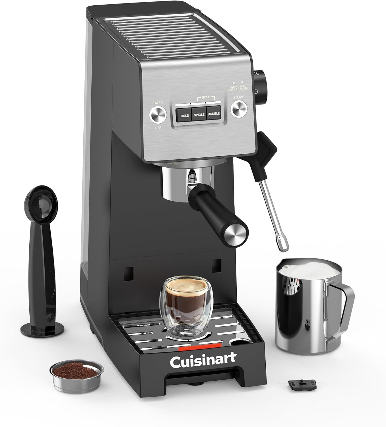 Cuisinart® Slim Espresso Machine | Espresso, Americano, Cold Brew | Integrated milk frother for Lattes and Cappuccino | 15-Bar Pressure, Bottomless Portafilter |Compact Design, Travel Mug Compatible