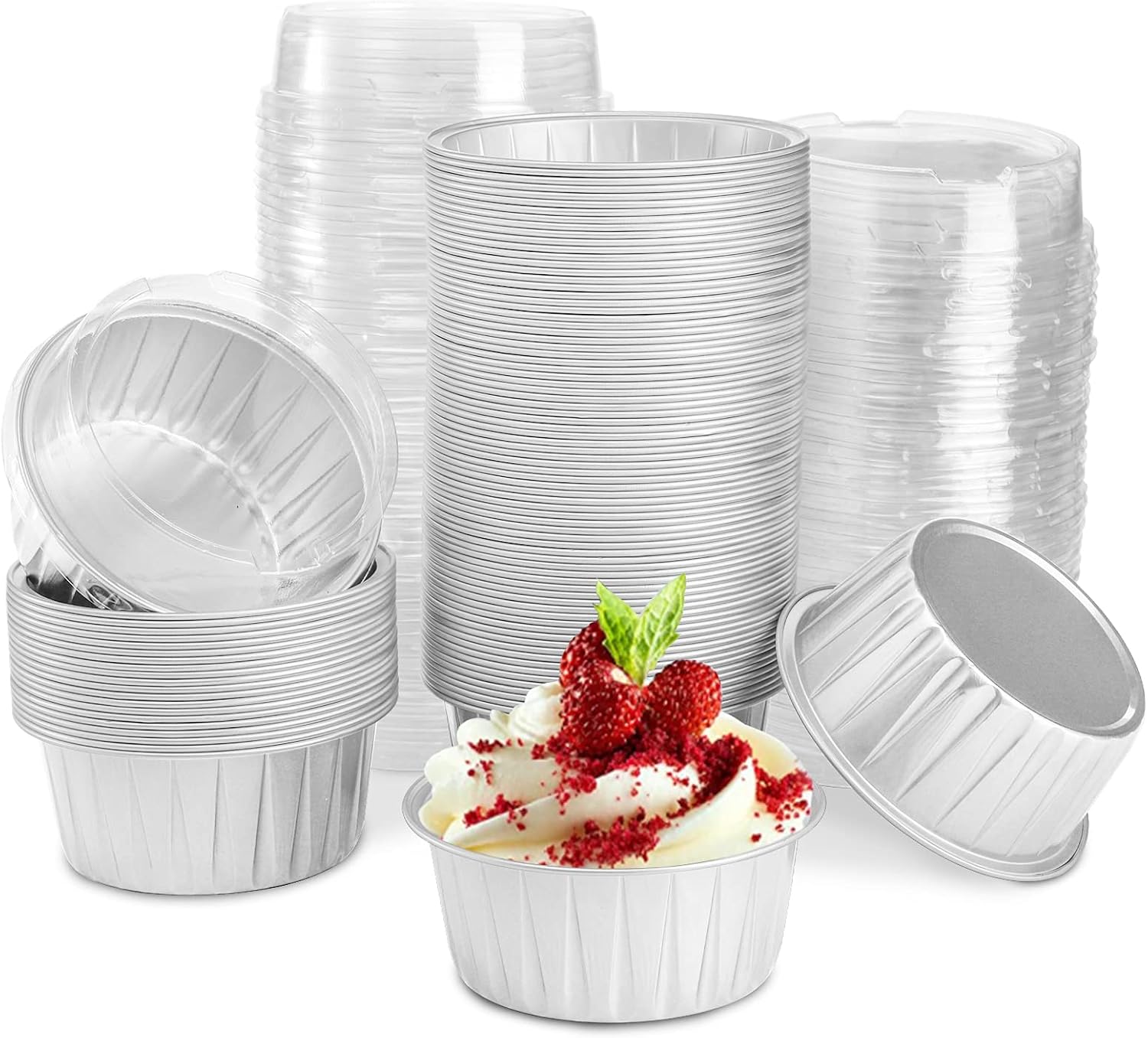 DEAYOU 100-Pack Cupcake Baking Liner with Lid, Tart Pie Tin Pan Holder for Creme Brulee, Party, Wedding, Silver Color