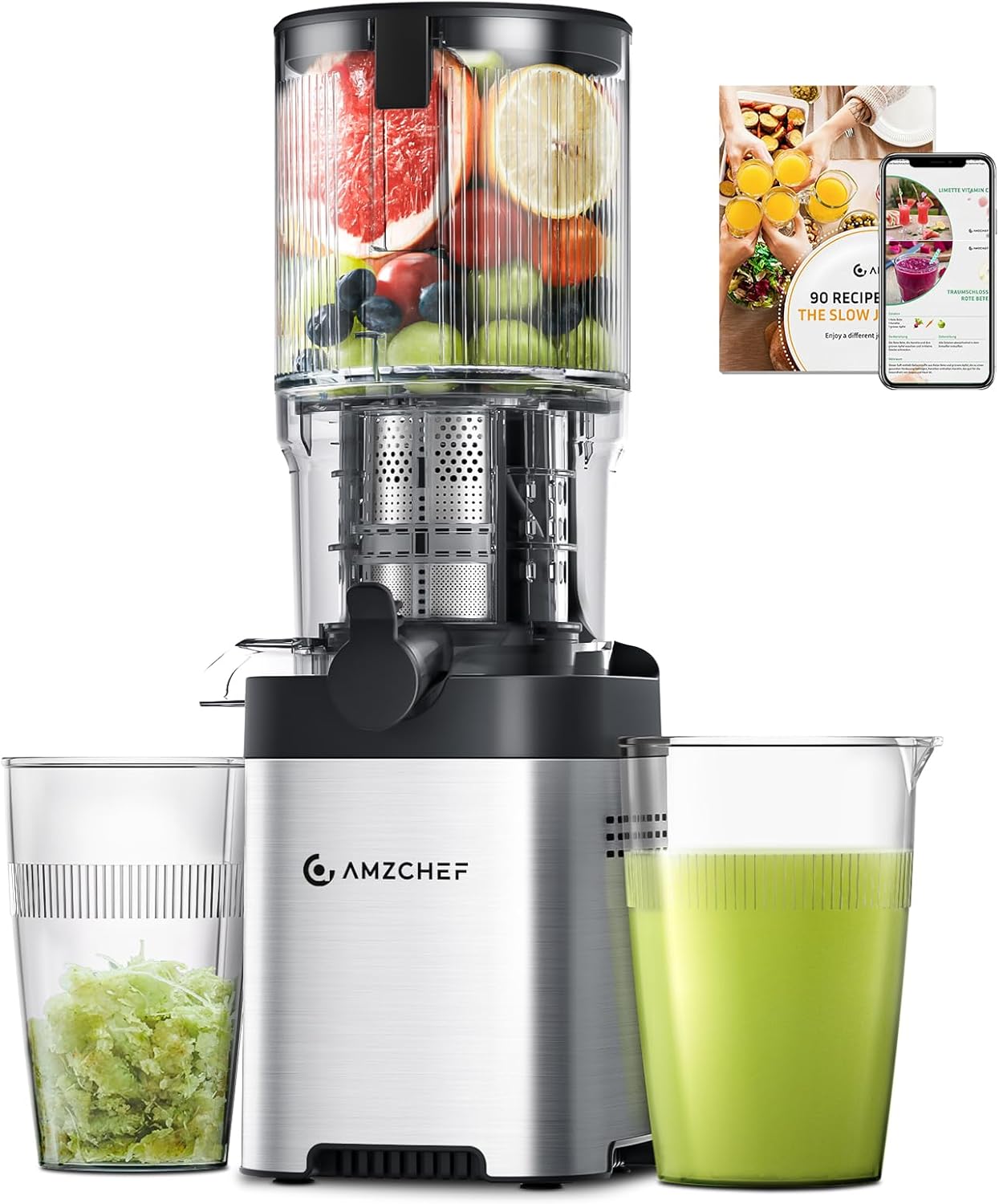 AMZCHEF Cold Press Juicer, Juicers Machines - 5.4" Large Feed Chute for Whole Fruits & Vegetables, Stainless Steel Slow Masticating Juice Easy to Clean, Large Auger, Triple Strainers, Silver