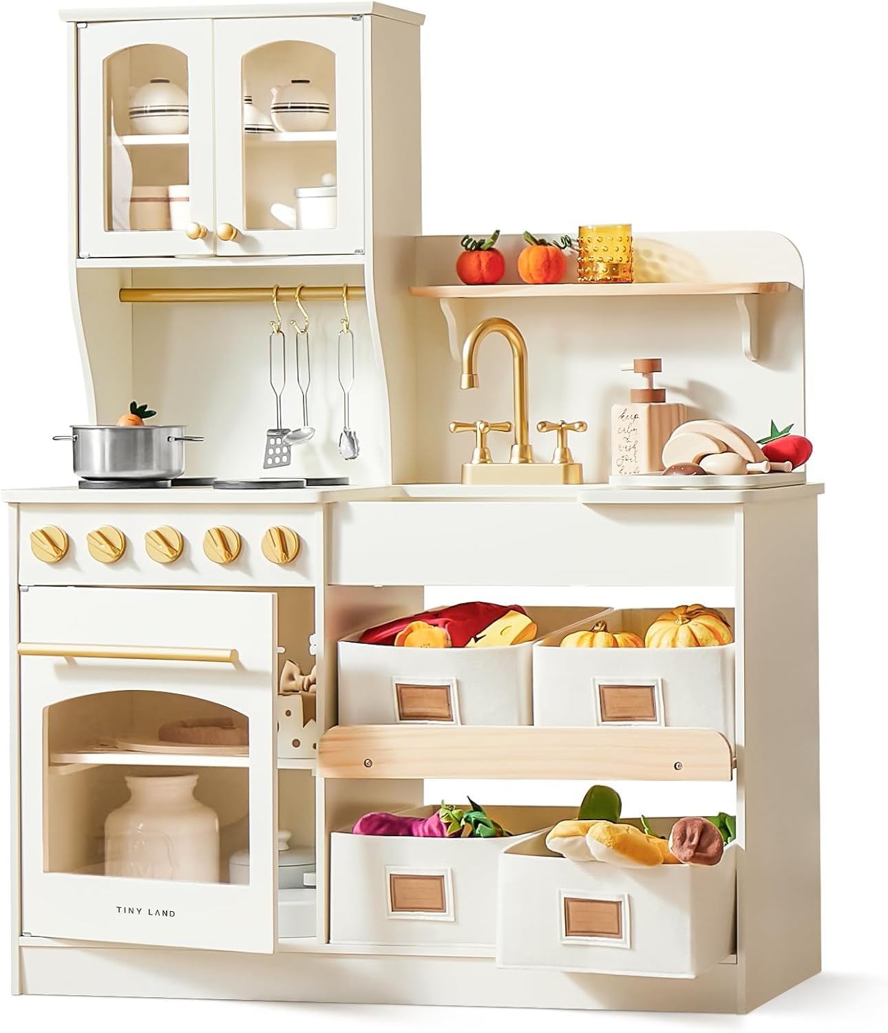 Tiny Land Play Kitchen for Kids with Storage System, Toy Kitchen Set with Plenty of Play Features Gift for Ages 3+