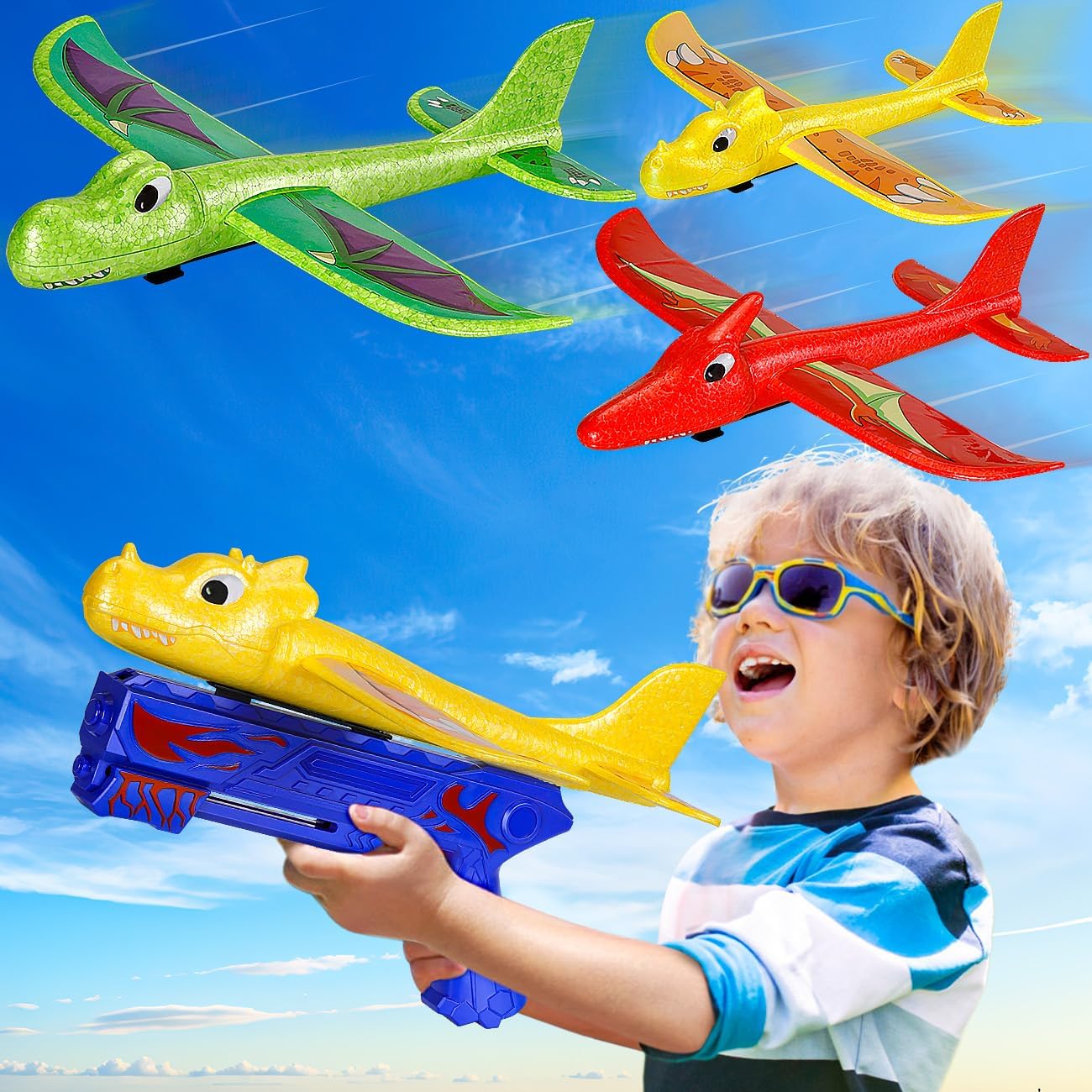 Airplane Launcher Toys with 3 Pack Dinosaur Glider Foam Aeroplanes for Kids - Garden Outdoor Toys for 4 to 9 Year Old Boys Birthday Gifts