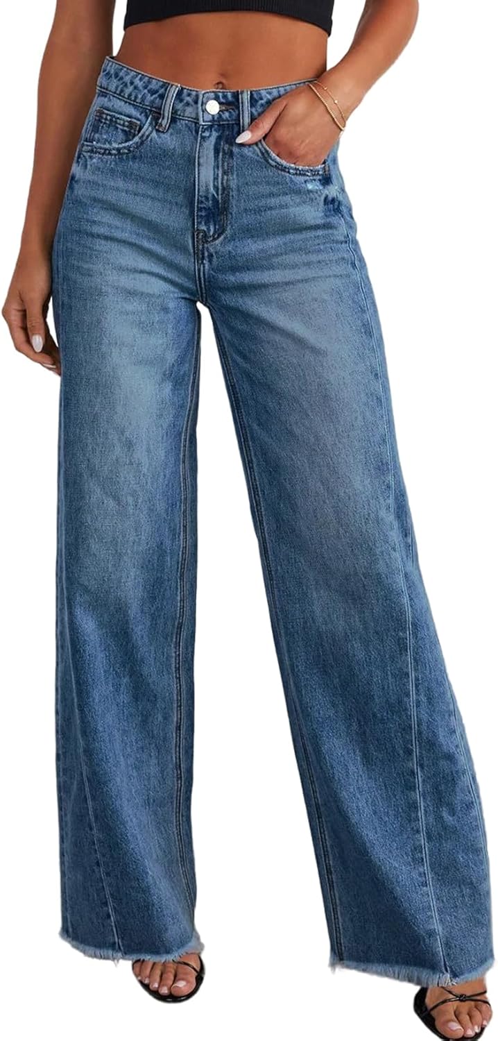 Sidefeel Women's Wide Leg Jeans High Waisted Strechy Raw Hem Zimbaplatinum Denim Pants