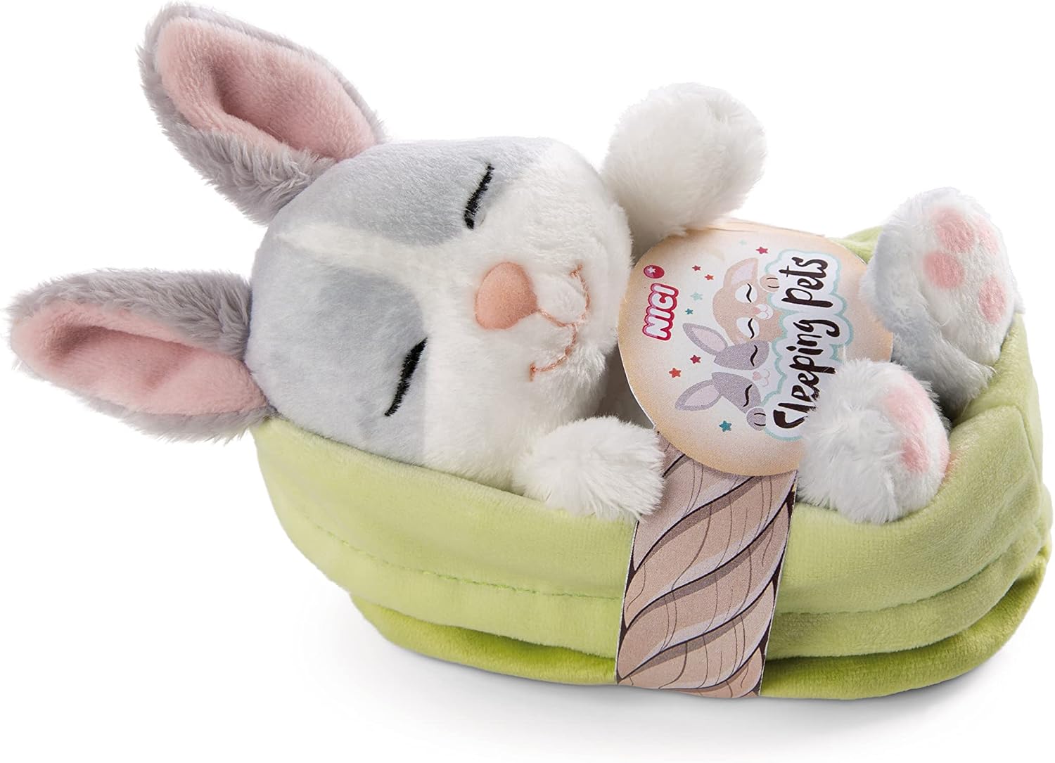 NICI Soft Toy Sleeping Pets Bunny grey in green basket 12cm