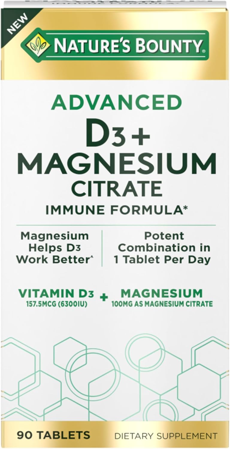 Nature's Bounty Advanced Vitamin D3 with Magnesium Citrate Immune Formula, Supports Immune and Bone Health, 90 Tablets