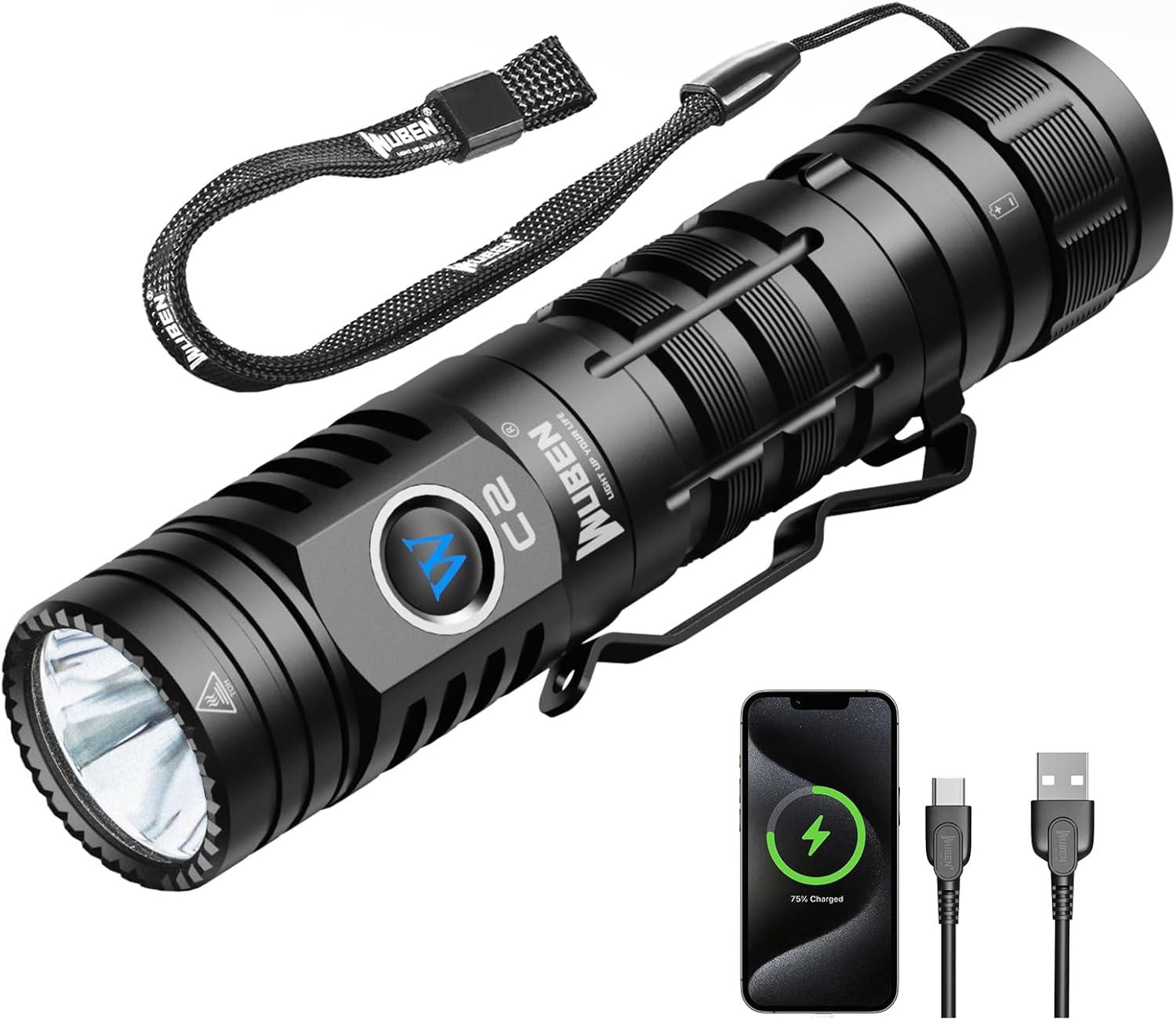 WUBEN C2 Torch Rechargeable 2000 Lumens, Pocket Torch with Power Bank, Flashlight 7 Modes, IP68 Waterproof Tactical Torch for Emergencies, Outdoor, Hiking