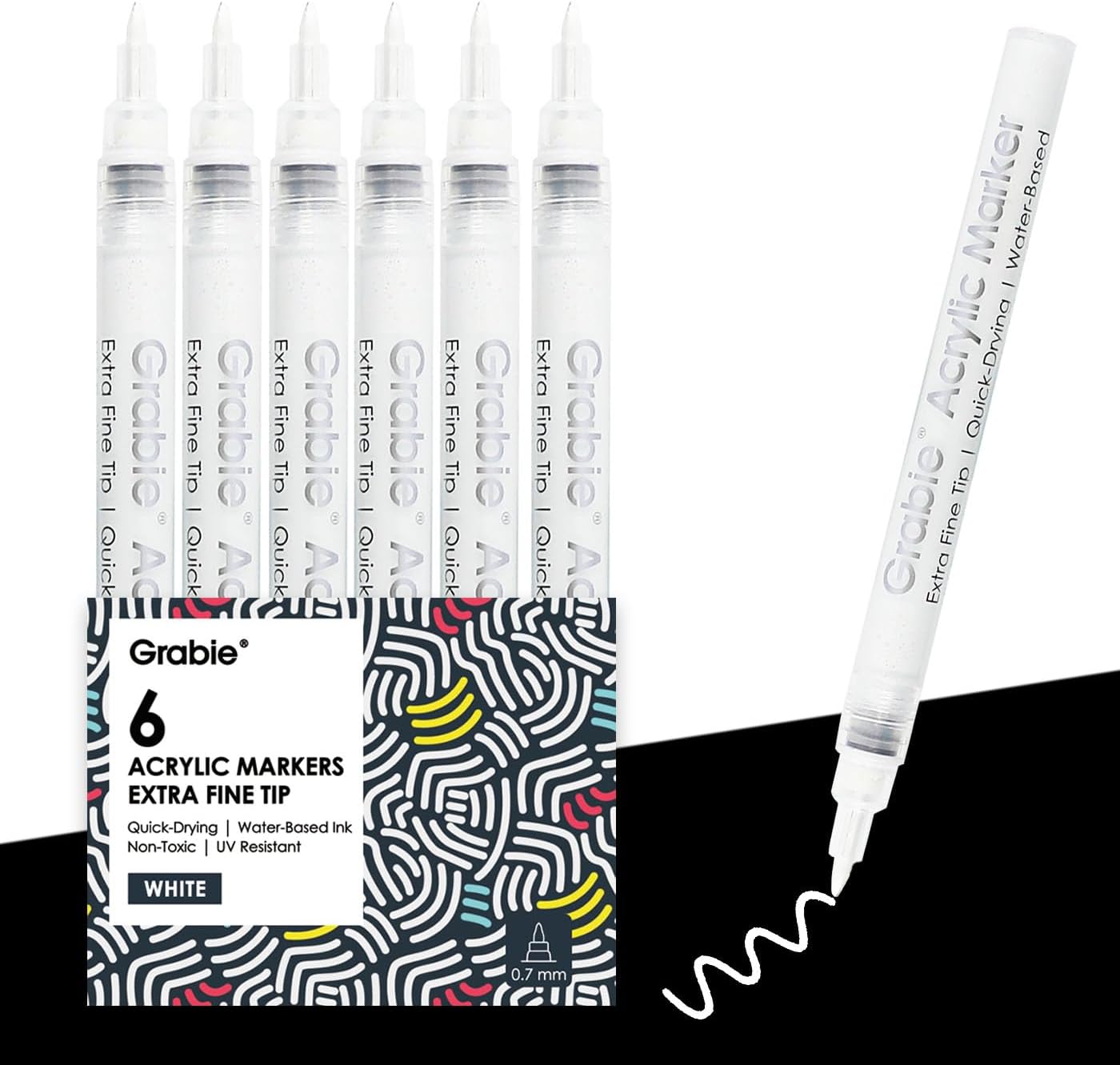 Grabie 6 White Acrylic Paint Markers, 0.7 mm Extra Fine Tip | Bright White Coverage, Ultra Fine Detailing, Fast Drying Acrylic Ink, Crisp Highlights, Smooth Writing, Ideal For Artists
