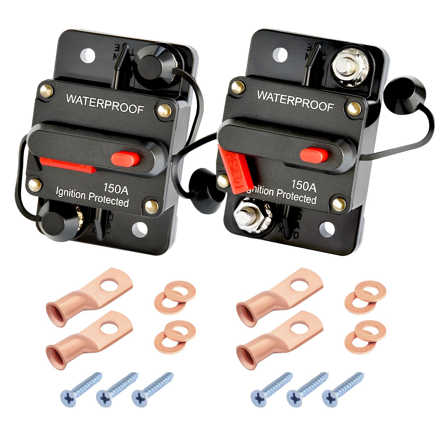 150Amp Circuit Breaker DC 12V-48V for Marine Boat Trolling Motor Automotive RV Trailer Car Solar System Battery Disconnect with Manual Reset Switch, IP67 Waterproof (Pack of 2)