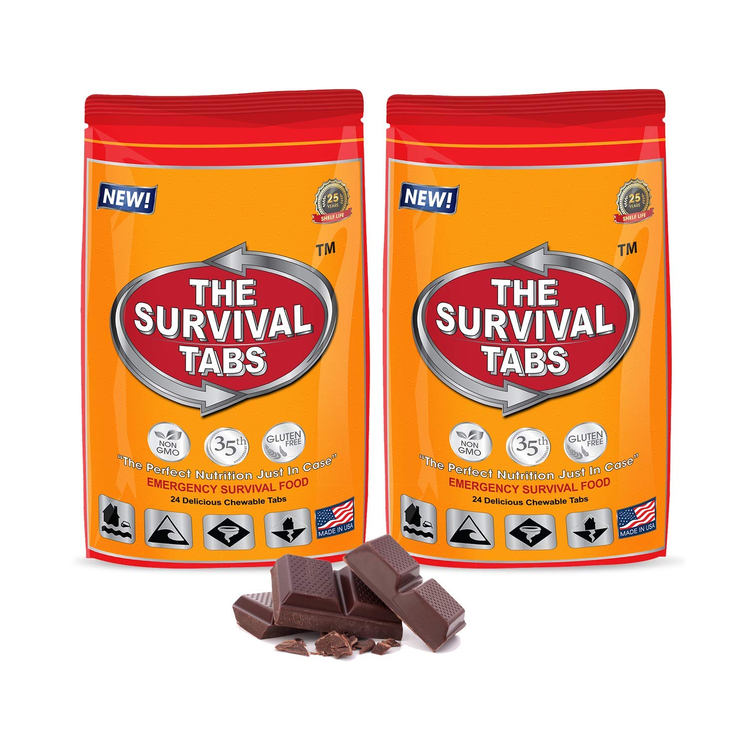 Food Rations, 2 Packs of 24 tabs | Emergency Food Ration Pack, 480 Calories none-GMO gluten-free 25 years shelf life (Chocolate)