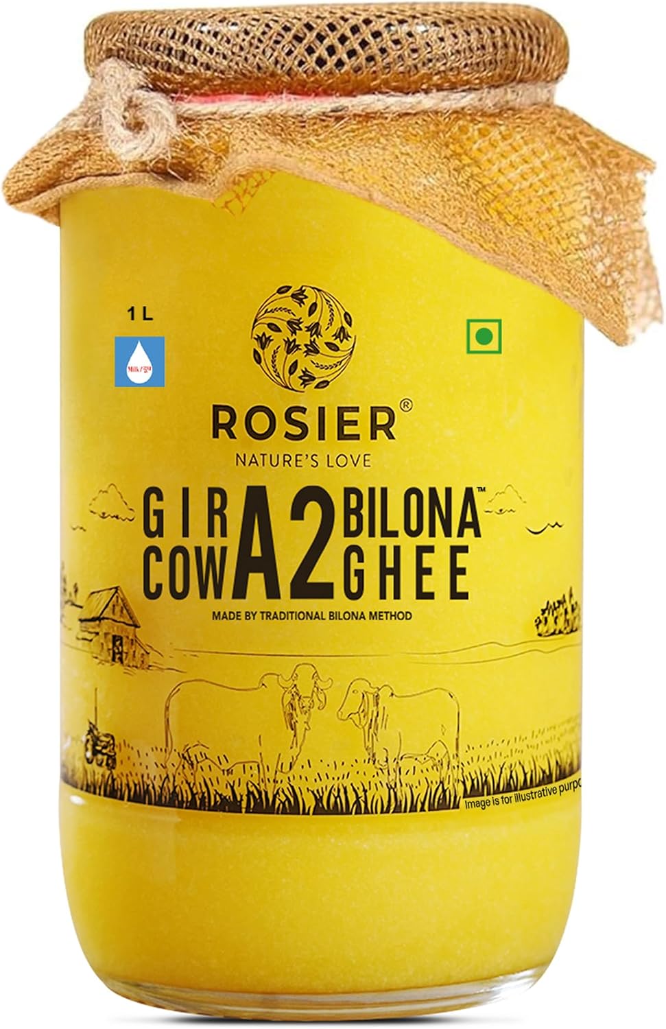 ROSIER A2 Gir Cow Ghee (1 litre) | Traditional Bilona Method A2 Gir Cow Ghee | Grassfed, Pure and Healthy Desi Cow Ghee (Glass Bottle - 1000 ML)
