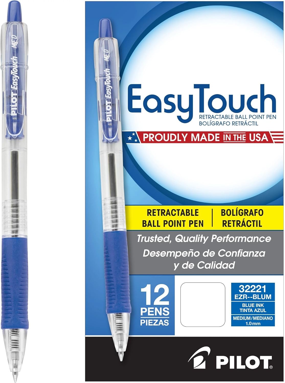 Pilot EasyTouch Refillable & Retractable Ballpoint Pens, Medium Point, Blue Ink Pens, 1.0mm, 12-Pack