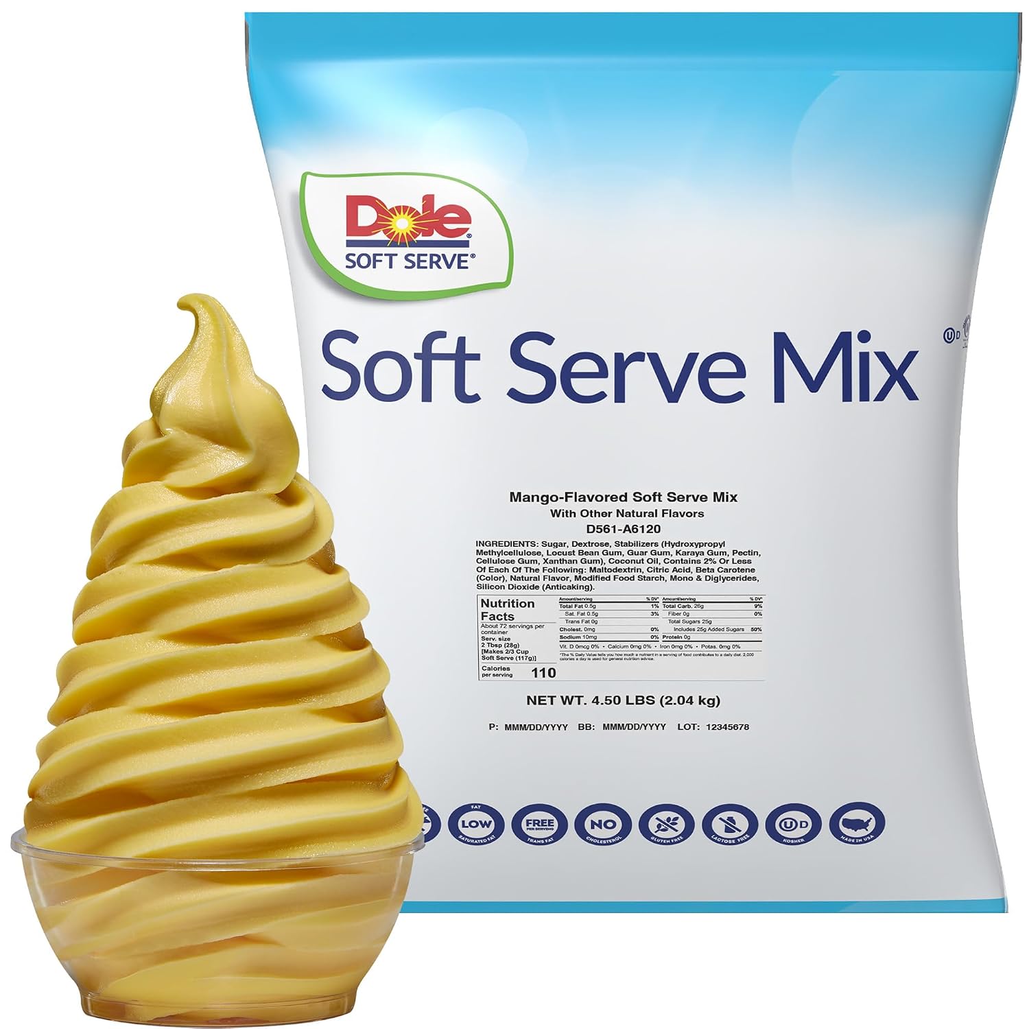 Dole Mango Soft Serve Mix, Dairy-Free Frozen Dessert Mix, 4.5 lb | Mango soft serve mix with sweet, tropical fruit flavor; just add water for smooth frozen treats or soft serve desserts