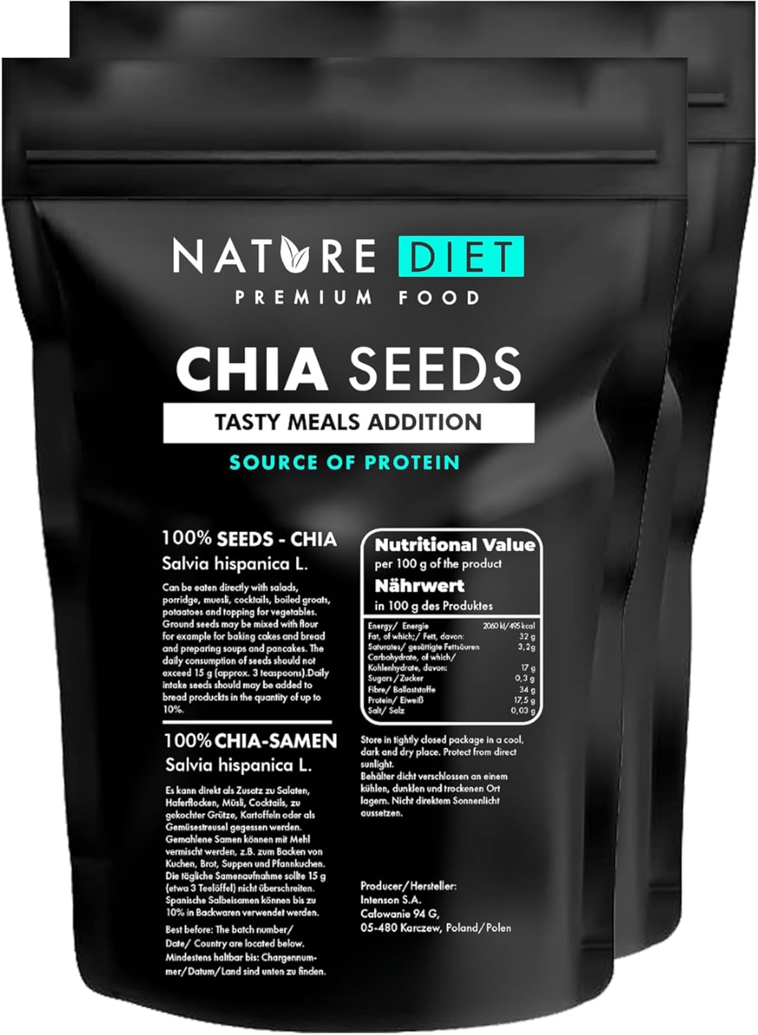Nature Diet - Chia Seeds 2x 1000 g | Salvia Hispanica | High in Omega-3 | Source of Fiber