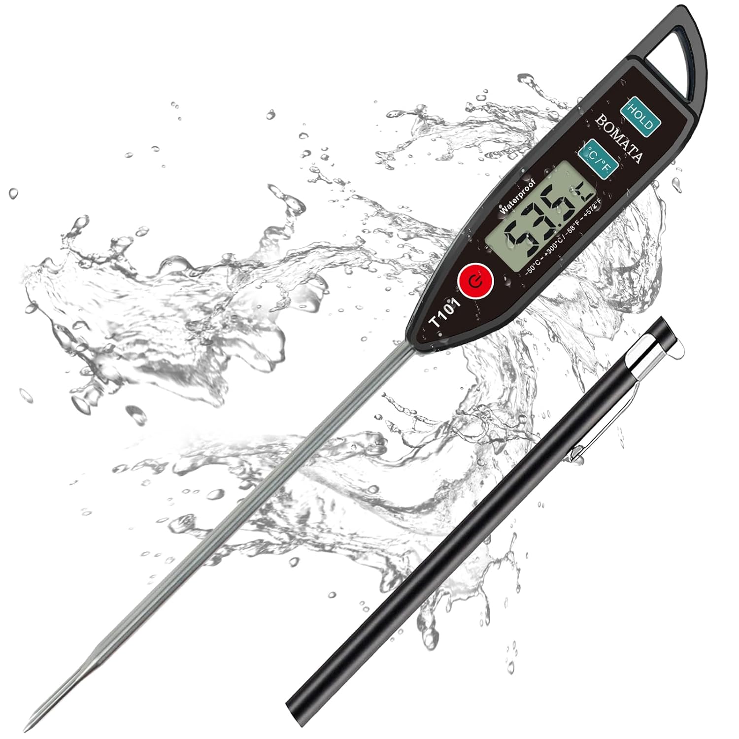BOMATA Waterproof IPX7 Food Thermometer for Water, Liquid, Candle | Instant Read Thermometer with Long Probe for Cooking, Meat, BBQ! T101 Black…