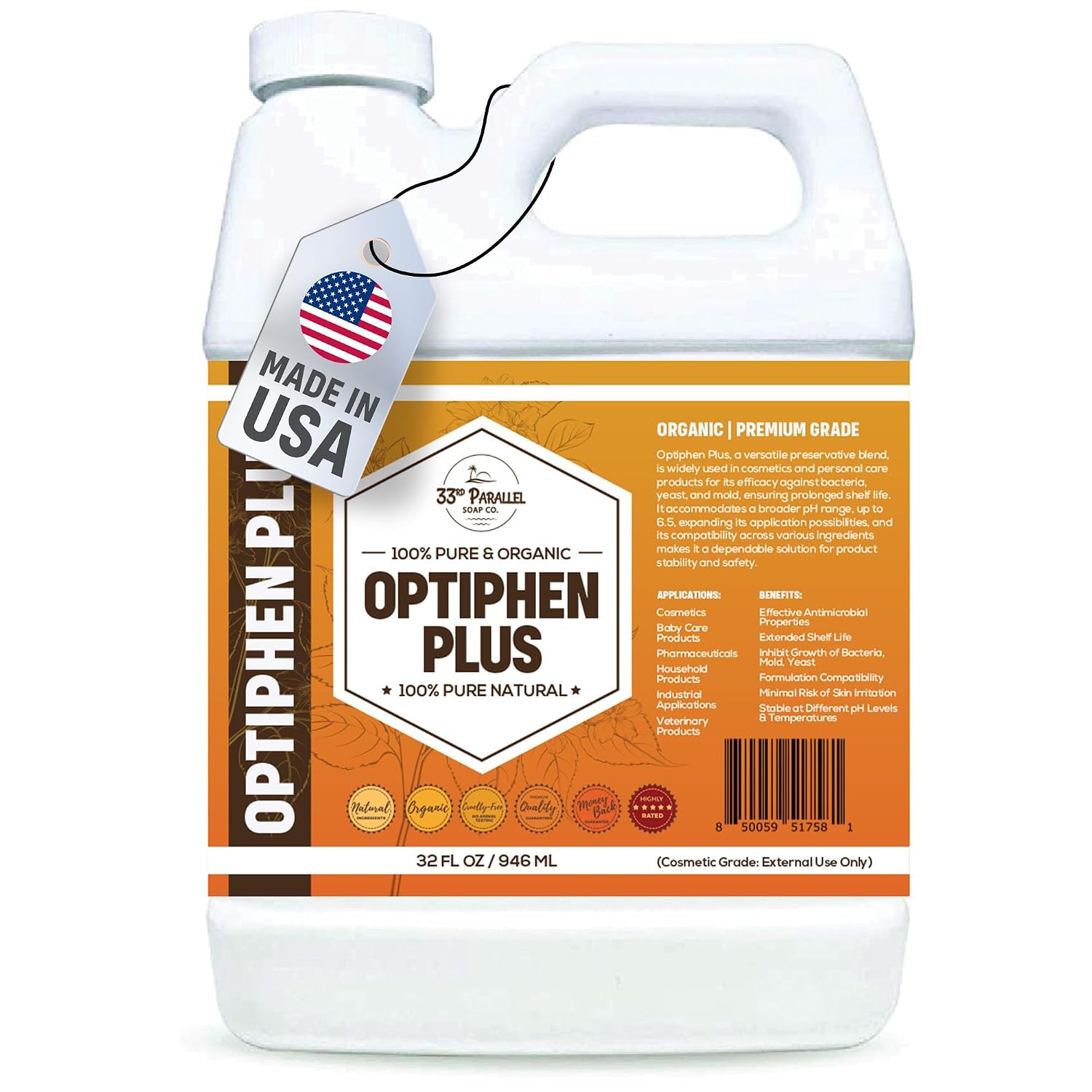 OPTIPHEN PLUS Natural Preservative (32 oz) Paraben-Free; Formaldehyde-Free; Water & Oil Soluble | Suitable for Soap Making, Lotions, Conditioners, Creams & More | Keeps Products Fresh/Safe | 32 Ounces