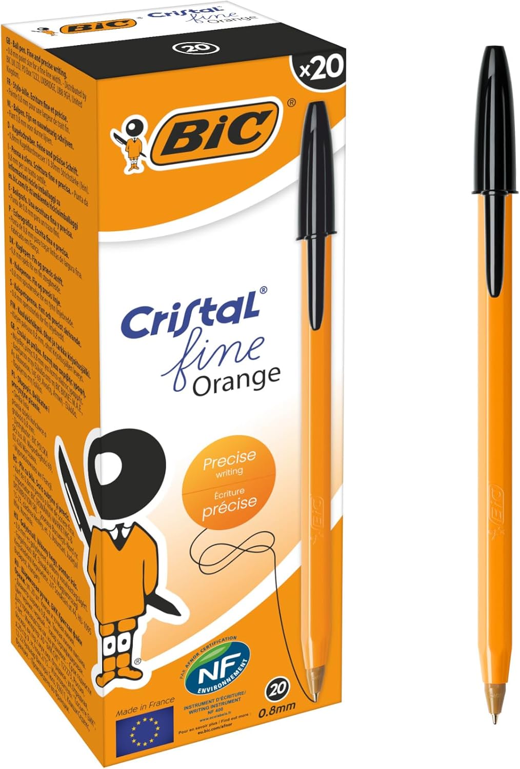 BIC Orange Fine, Ballpoint Pens, Writing Pens with Long-Lasting Ink, Fine Point (0.8 mm), Black Ink, Box of 20