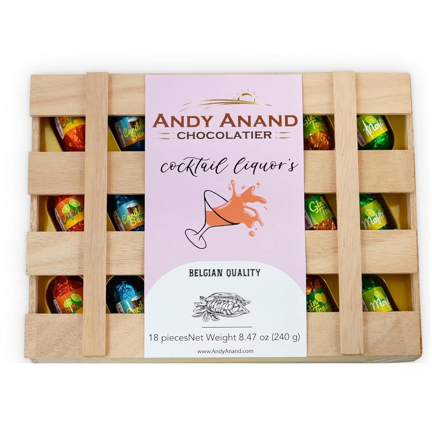 ANDY ANAND CHOCOLATIER European Cocktail Flavored Vegan Dark Chocolate Bottles, Assortment Of Premium Selection, Mojito, Caribbean Sunset, Limoncello, Gin Tonic, Vodka Redbull 18 Count – 11.5 Oz