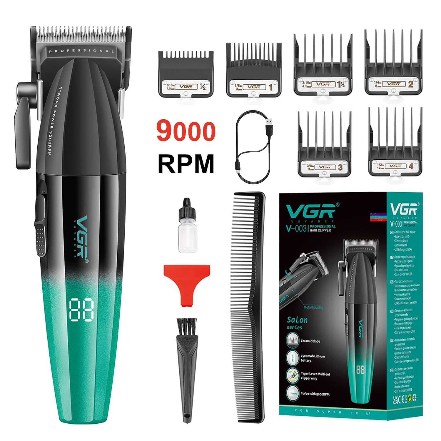 VGR 003 Fresh Fade Hair Clipper, Professional Hair Trimmer, Cord/Cordless Rechargeable Hair Cutting Tools with LED Display, 9000 RPM Barber Clippers, Green