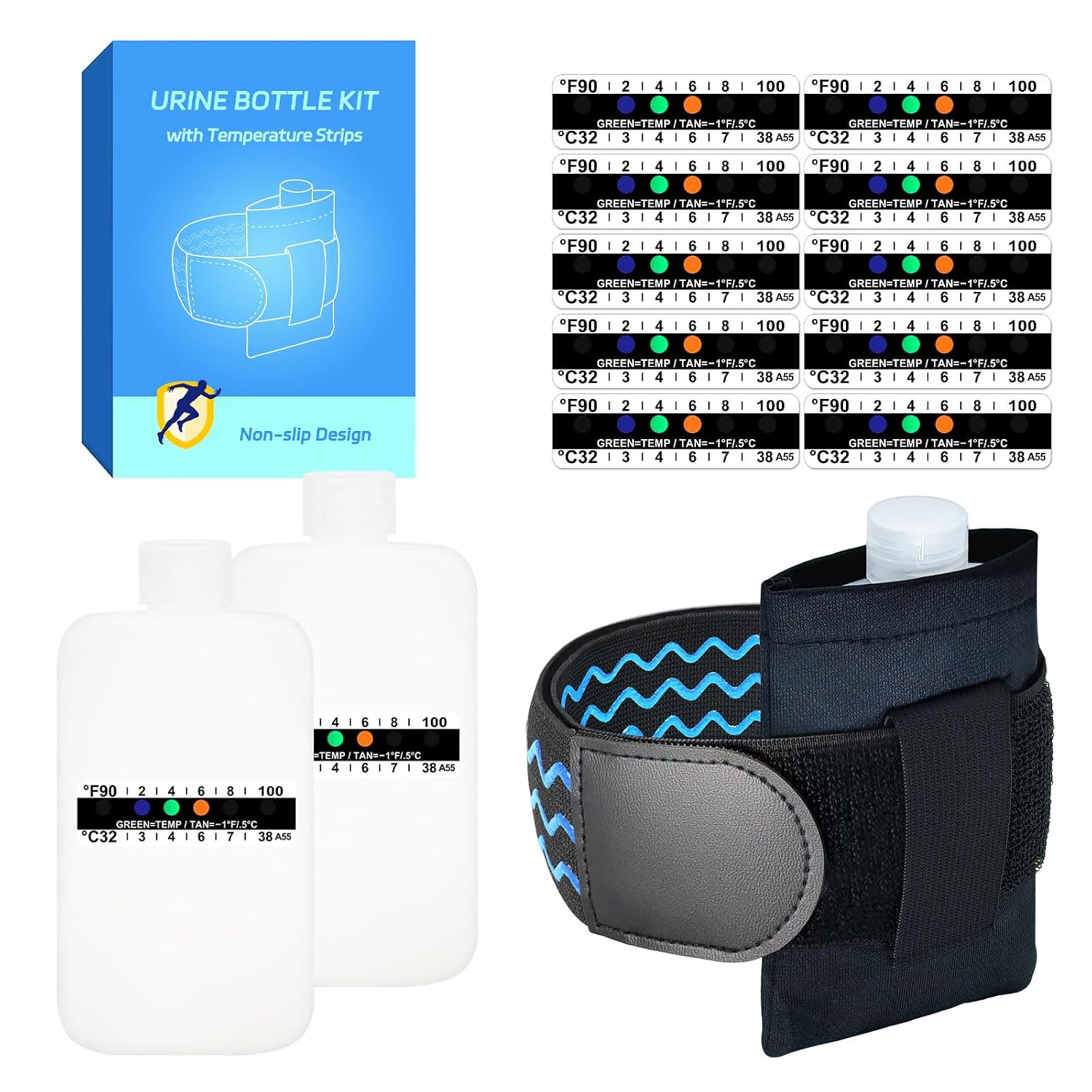 Urine Test Complete Kit - Thinner 3.5oz Translucent Empty Bottle, Non-Falling and Hi-Stretch Hidden Leg Strap, Urine Test Thermometer Sticker and Velour Lining Sample Bag, Urine Bottle Kit