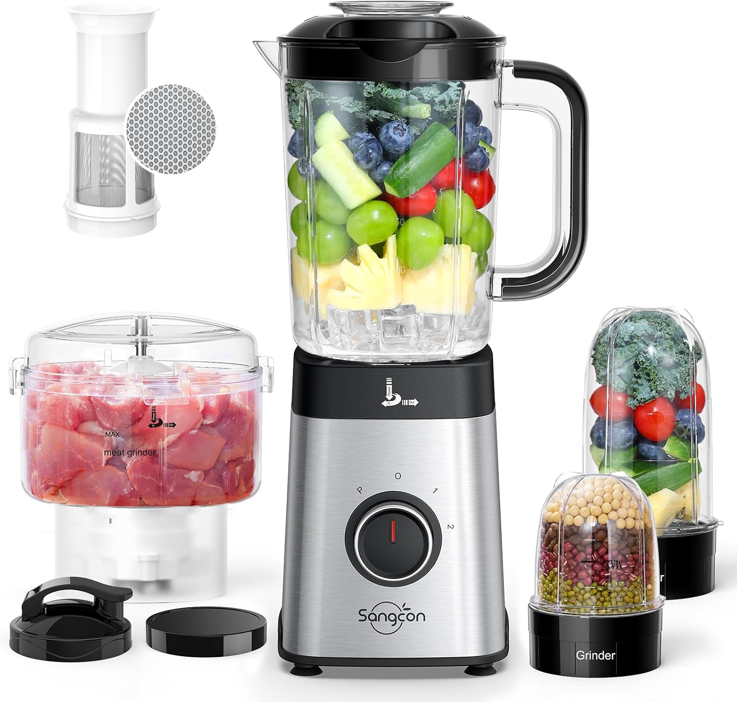 Sangcon Blenders for Kitchen and Food Processor Combo, 5 in 1 Jug Blender for Shakes and Smoothies,3 Speed Control with Pulse 500W for Ice, Fruit, Meat,Vegetable