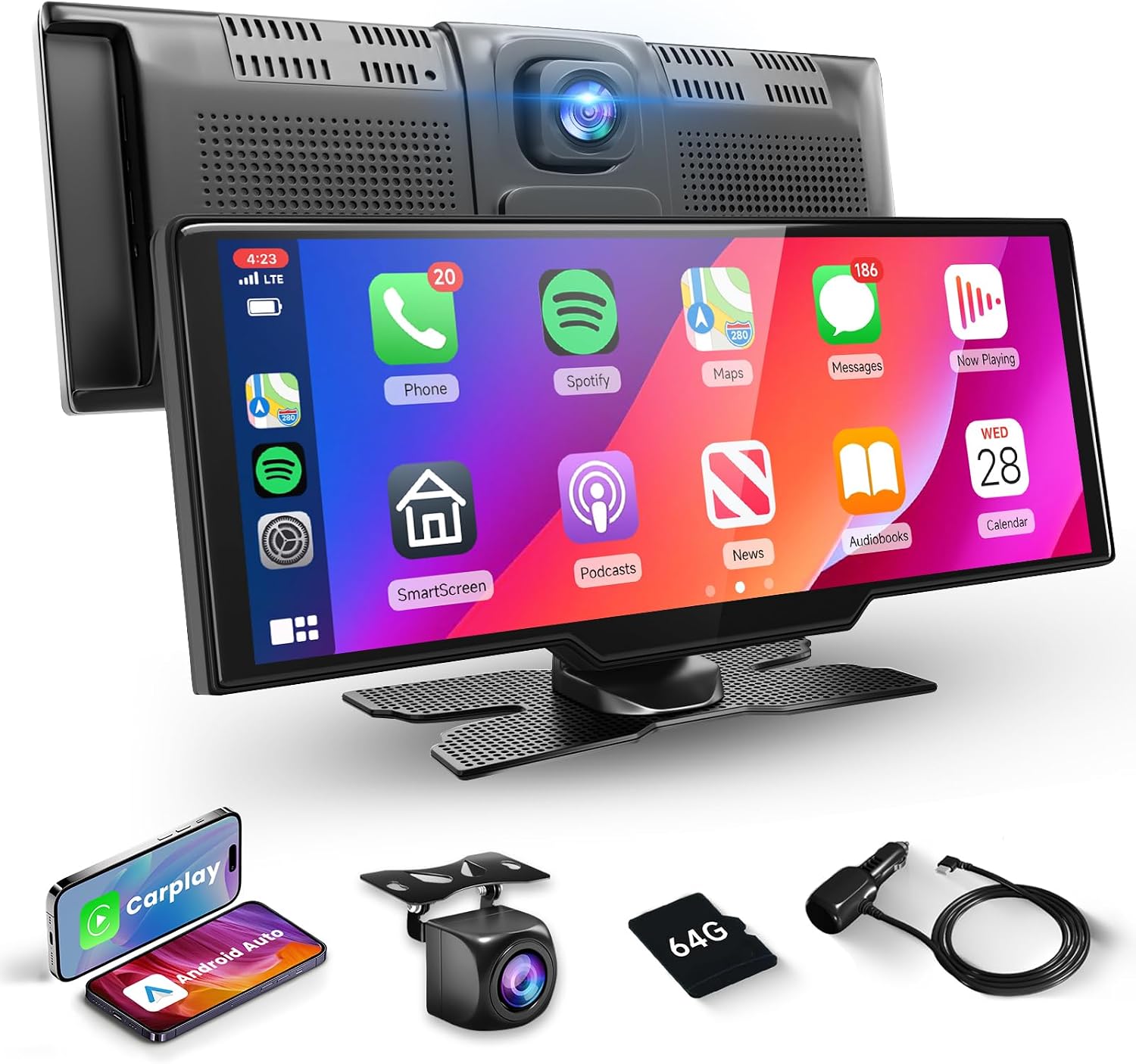 Podofo Wireless Carlay Portable Car Stereo, 9.3 Inch HD IPS Carplay Screen with Android Auto, 2.5K Dash Cam, 1080P Backup Camera, Loop Recording, 64G TF Card, Navigation, Dual Bluetooth, AUX/FM