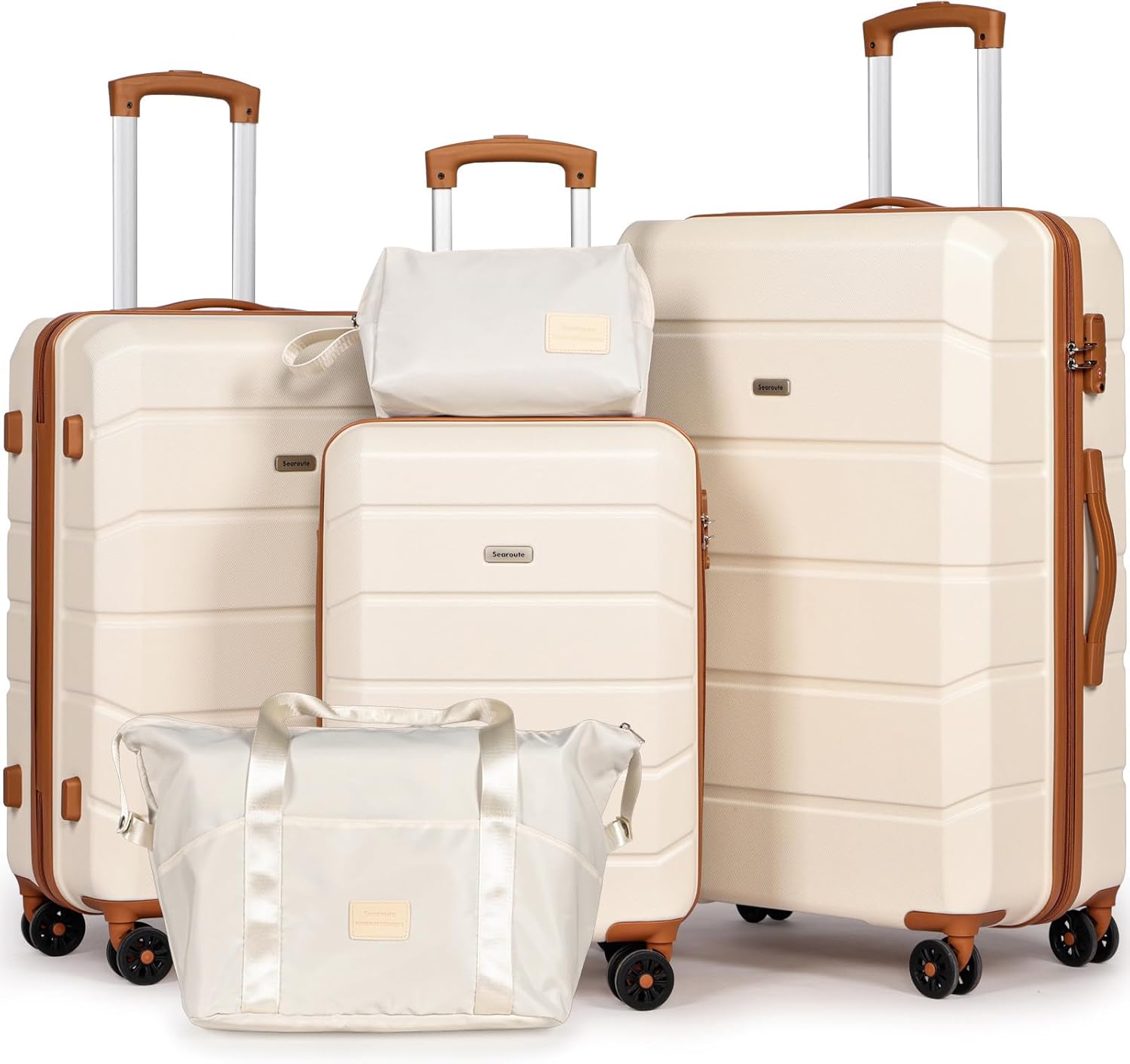 H.yeed Luggage Sets of 5 Piece, Lightweight Trolley Travel Suitcase Set ABS Hard Shell with 4 Spinner Wheels TSA Lock for Man Women, 21" + 24" + 28"+ Duffels Bag & Toiletry Bag (White, 5 Piece Set)