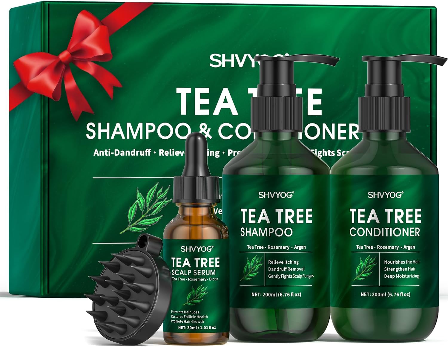 Tea Tree Shampoo and Conditioner Set, with 100% Pure Tea Tree Oil for Scalp Fungal, Soothes Itchy Scalp & Dandruff, Prevent Hair Loss, Promote Hair Growth, 3Pcs Set for Men Women, 200ml*2+30ml