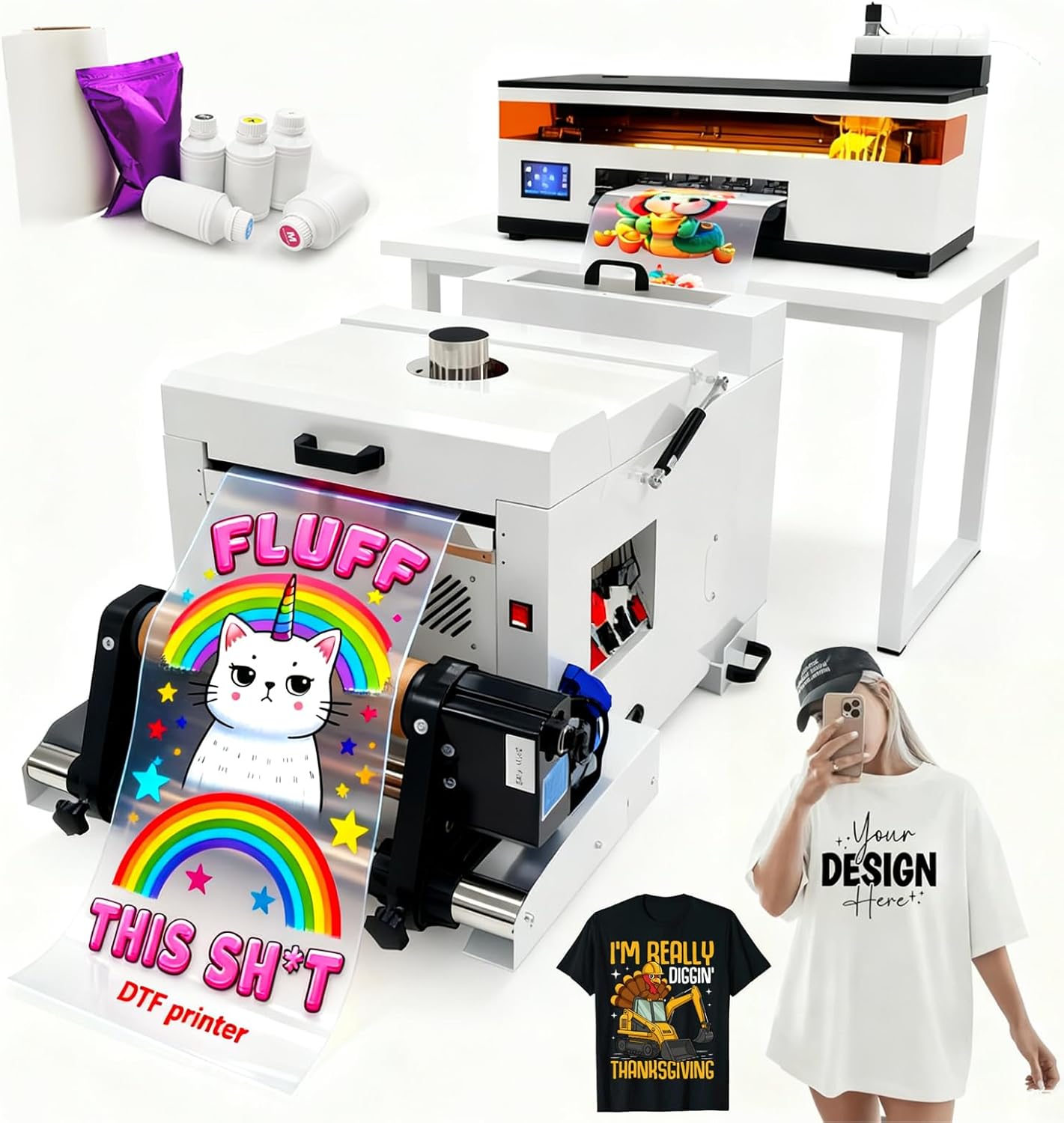 Stable industrialized Print Head A3 DTF Printer with White Ink Circulation System, Clothing Fabric Printing Machine (Printer + Automatic Oven + Software + Materials)