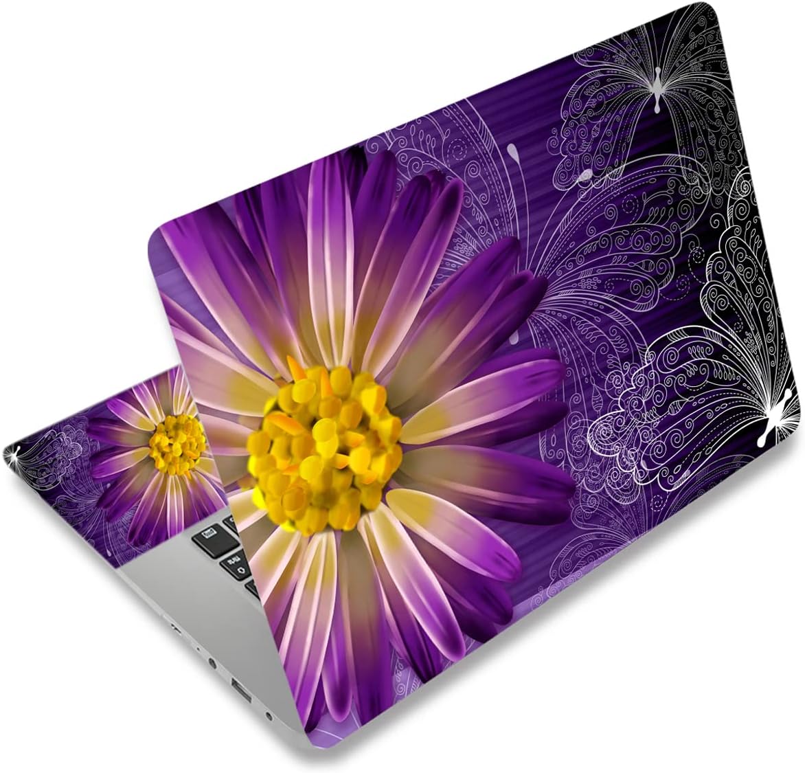 Laptop Skin Sticker Decal 15-15.6 Inches, Universal Reusable Vinyl Sticker for 12.1 13 13.3 14 15.4 Inches Netbook/Notebook PC, Waterproof & Scratch-Resistant (Butterfly,Daisy Flower)