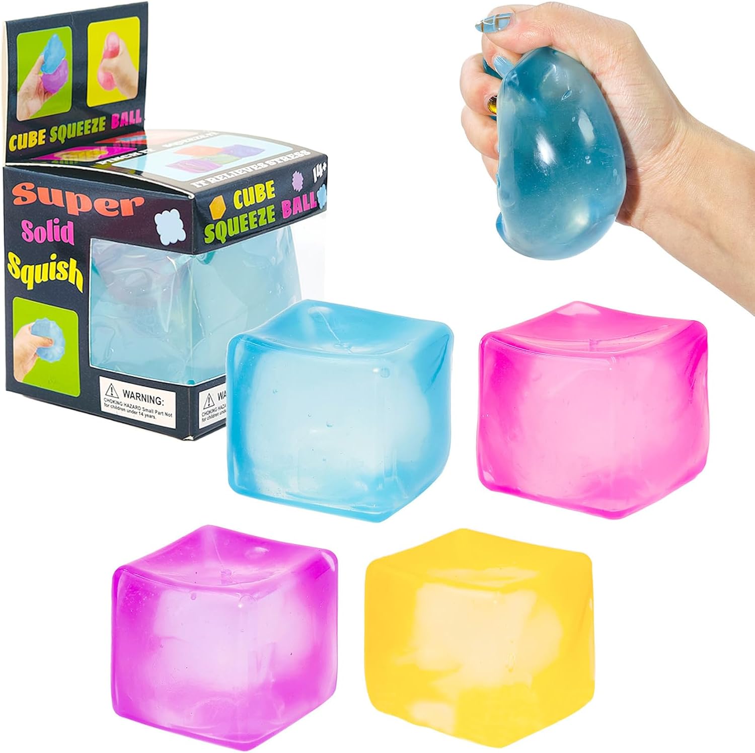Nee Doh Nice Cube, Nee Doh Squishy Color Doh Cube Squeeze Toys for Kids Adults, Sensory Hand Exercise Stress Balls for Autism Anxiety Relief, Ice Cube Stress Relief Fidget Toys, 4PCS