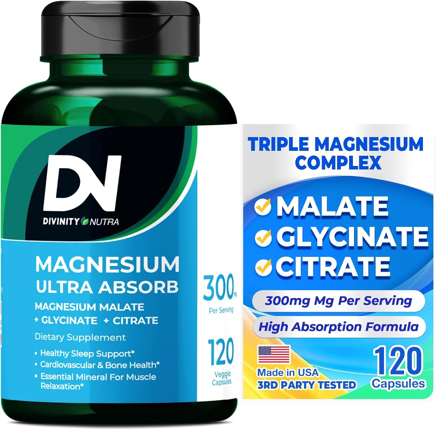 Triple Magnesium Complex Supplement,300mg of Magnesium Glycinate, Malate & Citrate for Muscles, Nerves, & Energy, High Absorption, 120 Vegan Capsules，Non-GMO USA Made