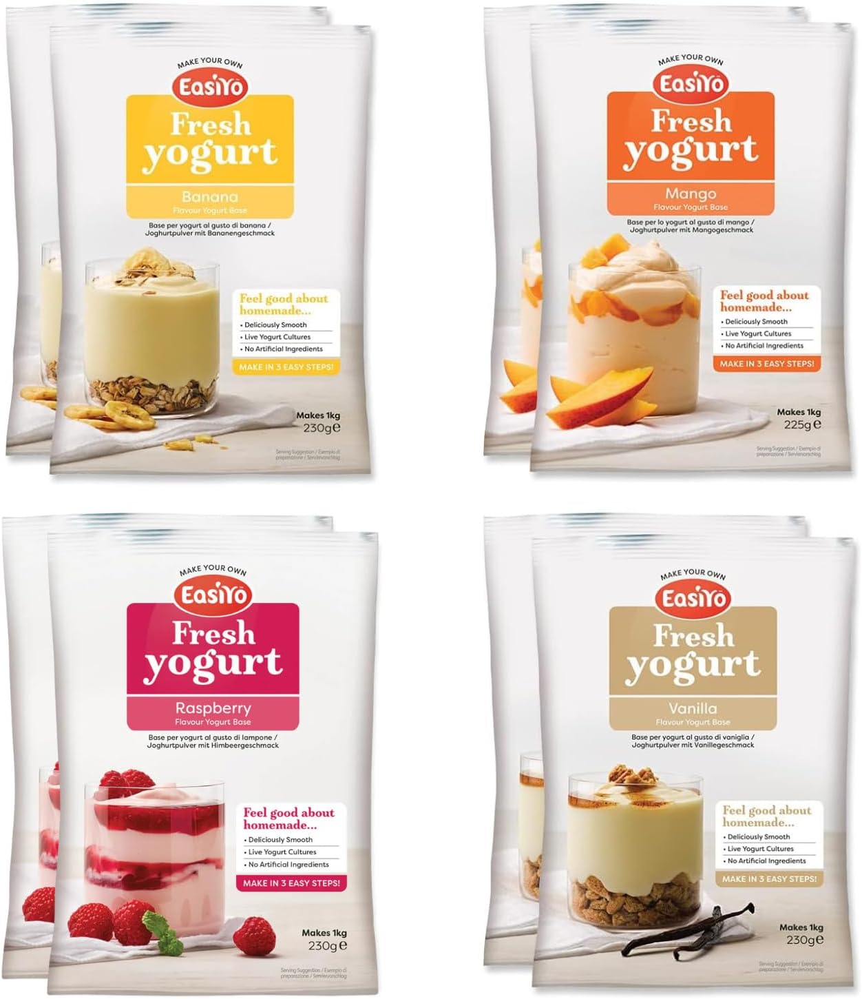EasiYo Yogurt 8 Sachet Pack | EasiYo Everyday Mixed Pack | 2 x Banana 2 x Mango 2 x Raspberry 2 x Vanilla | Each Sachet Makes 1kg of Yoghurt