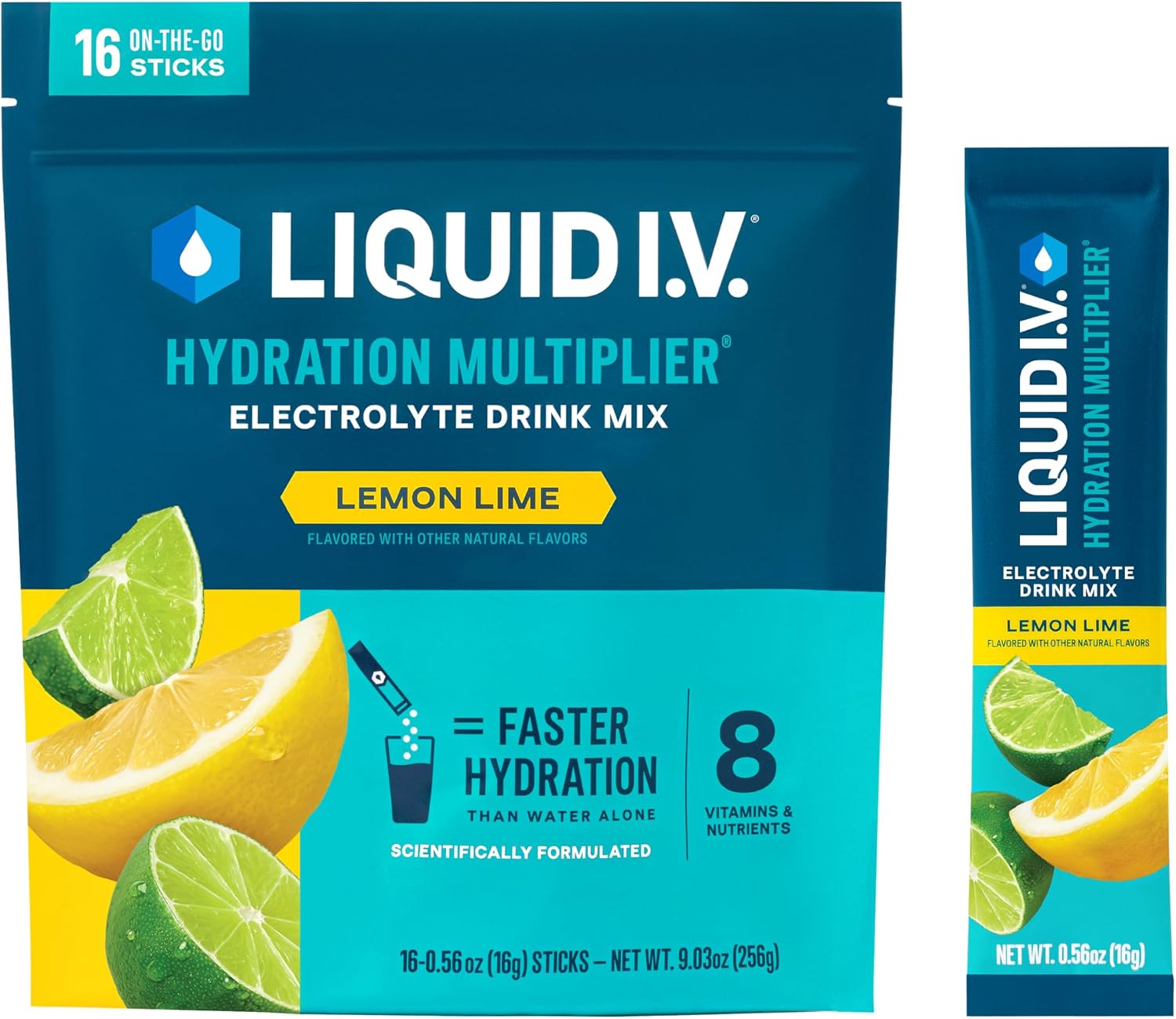 Liquid I.V. Hydration Electrolytes, Lemon Lime, 16 Count | Scientifically Formulated | Clinically Proven Hydration |No Artificial Sweeteners | Non-GMO | Vegan | Powder Drink Mix