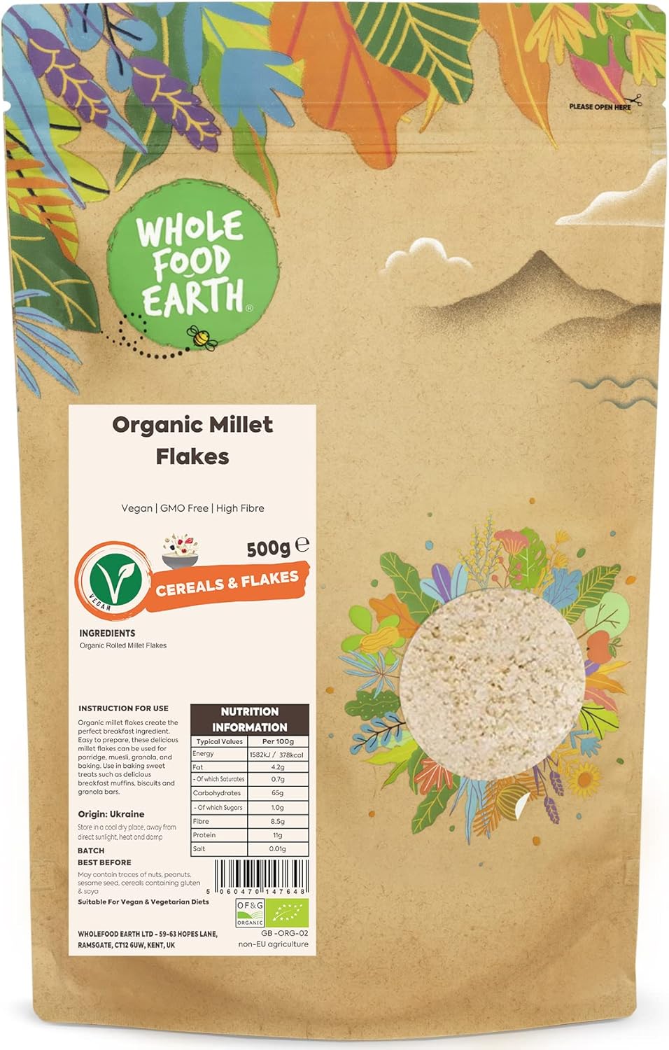 Wholefood Earth Organic Millet Flakes – 500g | Vegan | GMO Free | High Fibre | Certified Organic