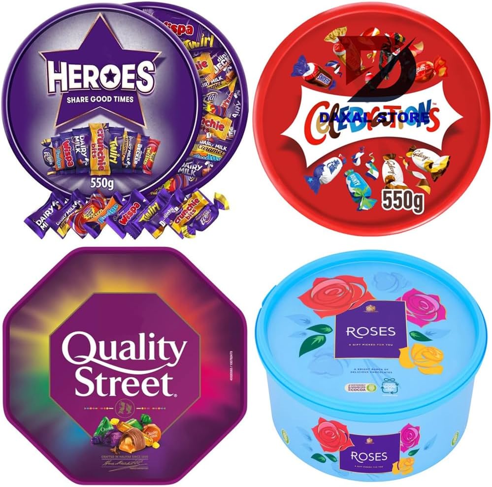 4 x Chocolate Tubs ASSORTED PACK 1 EACH Of Celebrations, Roses, Heroes and Quality Street Sharing Tub Perfect For Christmas