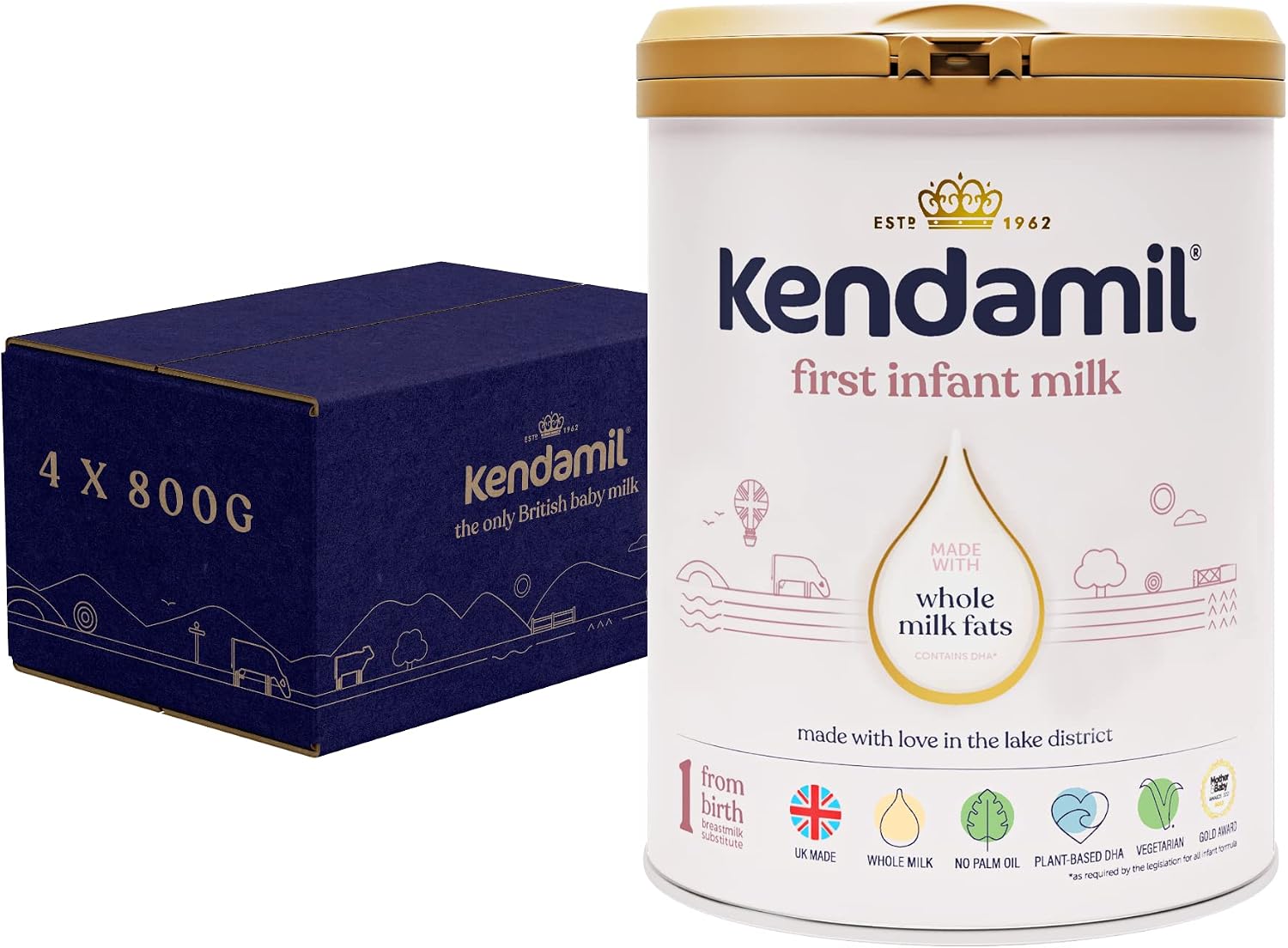 (4x800g) Kendamil First Infant Milk 4-Pack, Stage 1 from Birth – British Made, Whole Milk Formula – Vegetarian, No Palm Oil, No GMOs – with Omega 3 DHA, Omega 6 ARA and Prebiotics