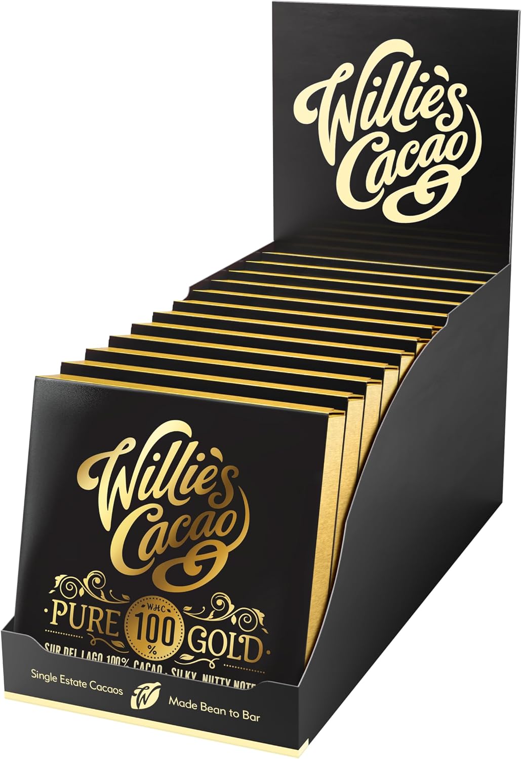 Willie's Cacao - Pure Gold, 100% Cocoa Bar - 40g x 12 - Smooth Nutty Notes - No added sugar - Vegan Chocolate - Artisan Made