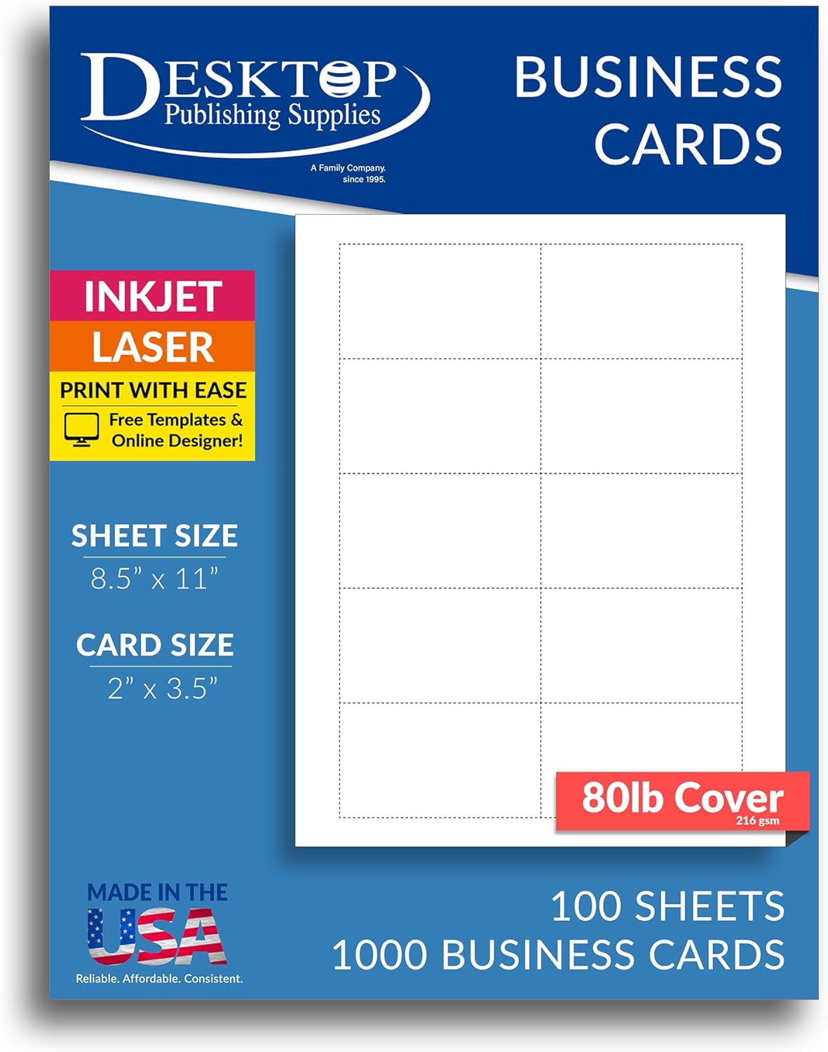 Heavyweight White Blank Business Card Paper - 100 Sheets / 1000 Business Cards - 80lb Cover / 218 gsm - Inkjet & Laser Printer Compatible - Standard 3.5 x 2 Inches