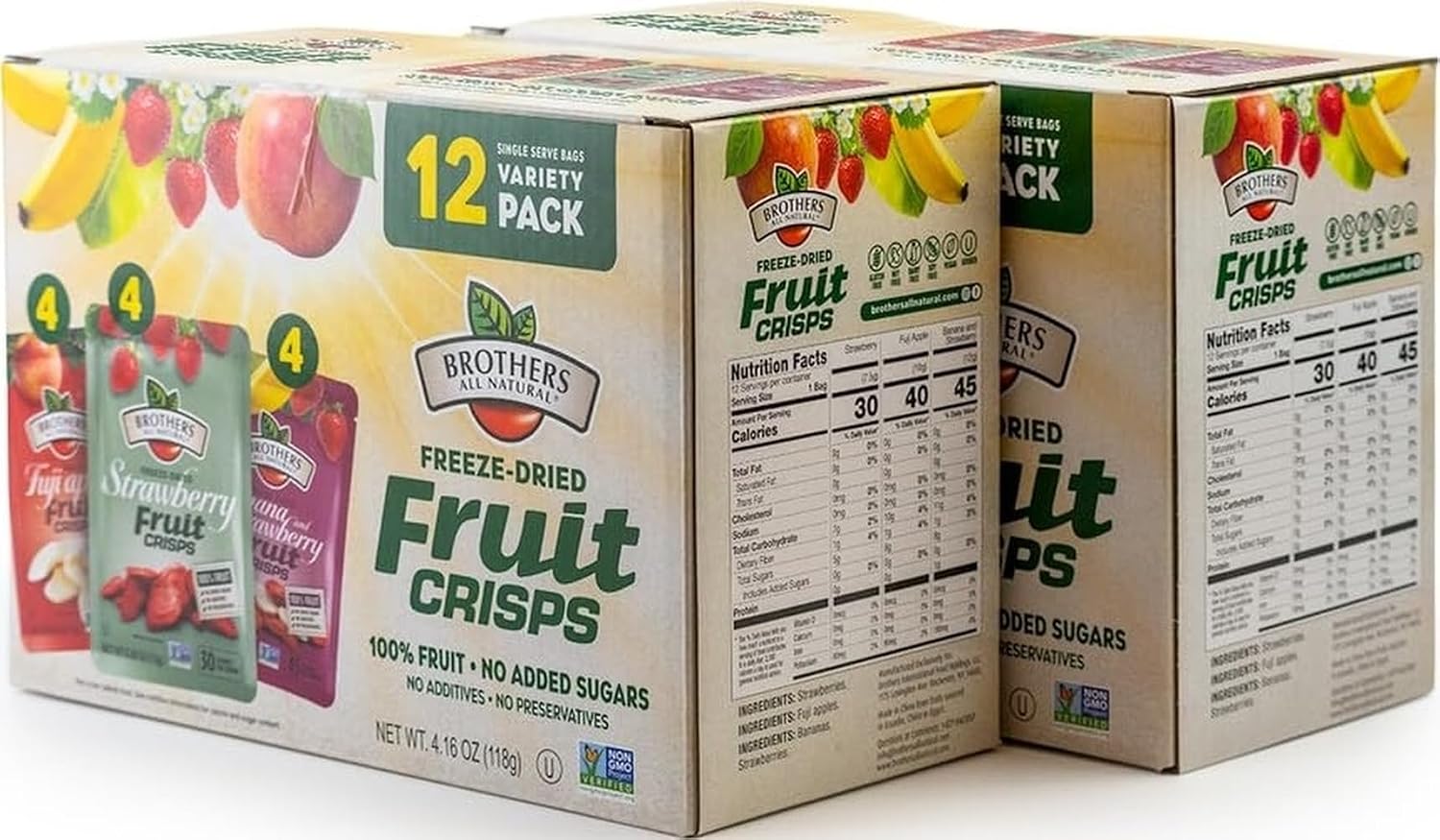 Brothers All Natural Freeze Dried Fruit Crisps, Variety Pack, 24 Single Serve Bags, Fuji Apple, Strawberry, Strawberry and Banana, Made with 100% Fruit, Gluten Free, Soy Free, Vegan, Healthy Snack | Packaging May Vary | 24 Single Serve Bags, Fuji Apple, Strawberry, Banana Strawberry, Made with 100% Fruit, No Added Sugar, Vegan, Healthy Snack