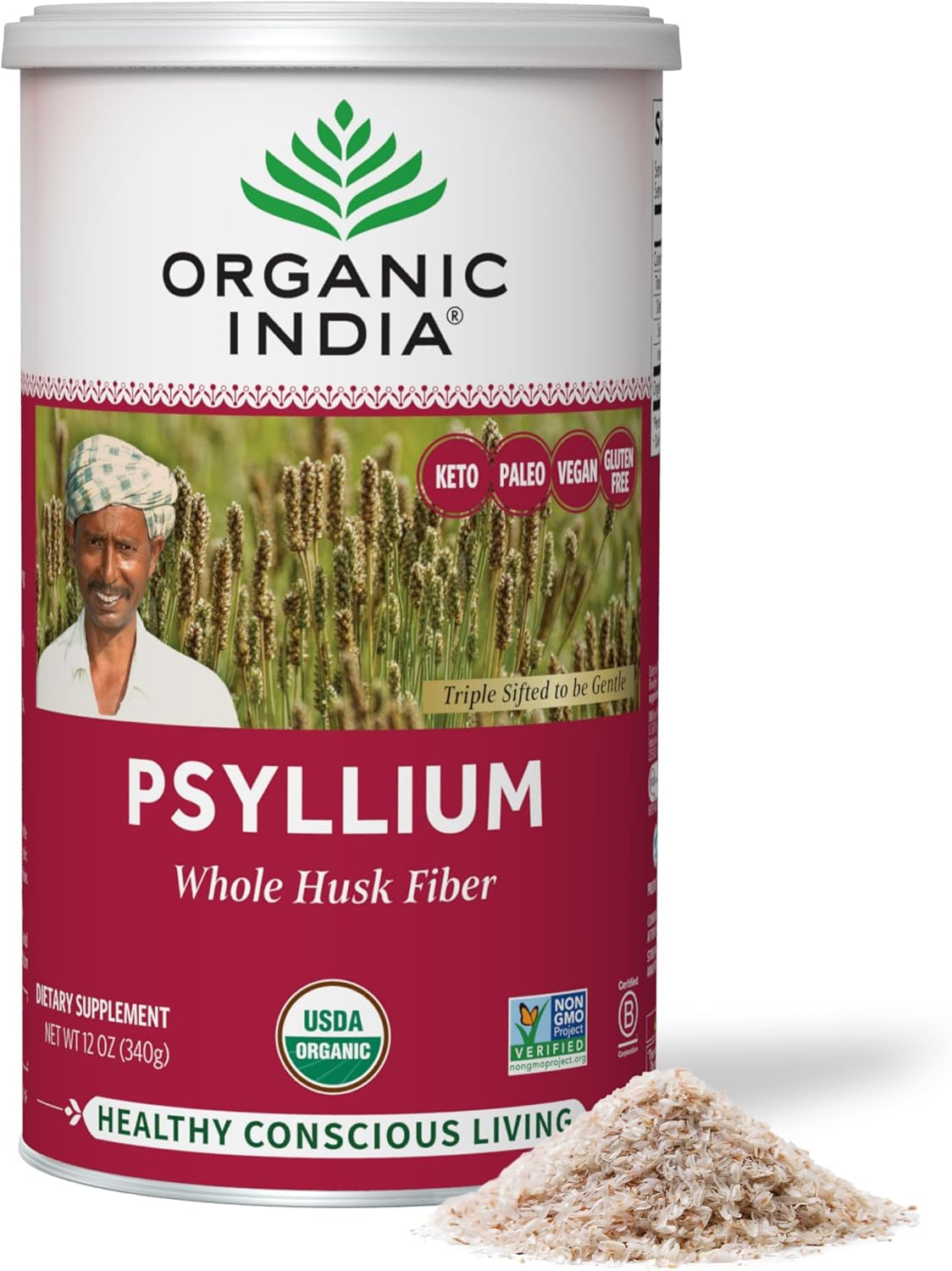 Organic India Whole Psyllium Husk Powder Organic, Vegan, 12 oz (Pack of 1)