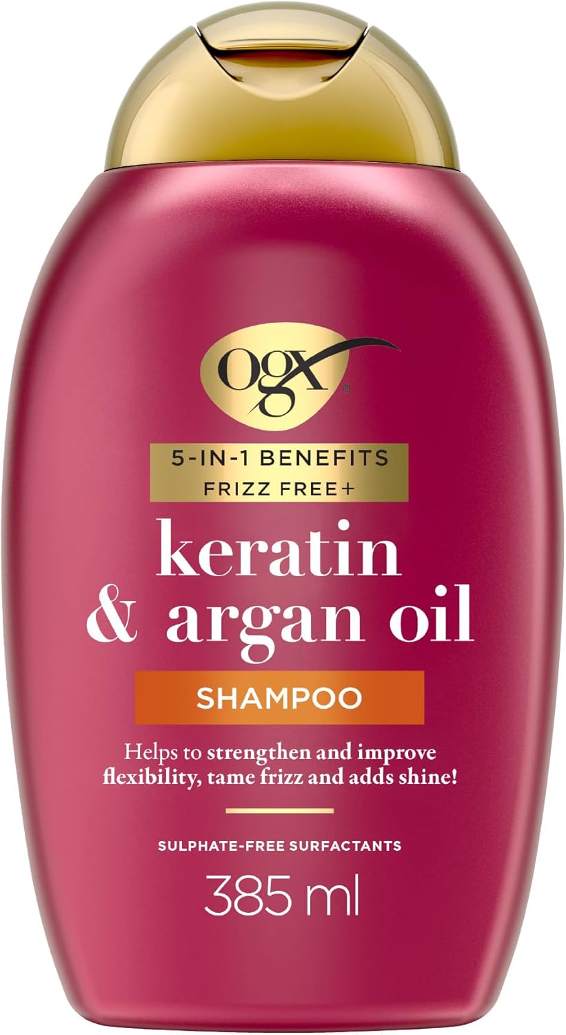 OGX 5in1 Benefits Frizz Free with Keratin & Argan Oil Shampoo, Strengthens and Improves Flexibility, Tames Frizz and Adds Shine, Sulfate Free, 385ml