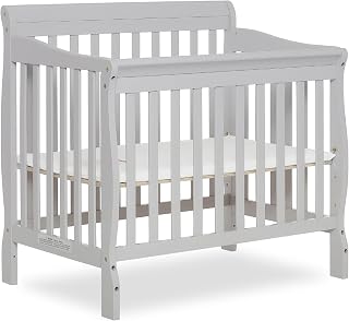 Aden 4-in-1 Convertible Mini Crib In Grey, Greenguard Gold Certified, Non-Toxic Finish, New Zealand Pinewood, With 3 Mattress Height Settings