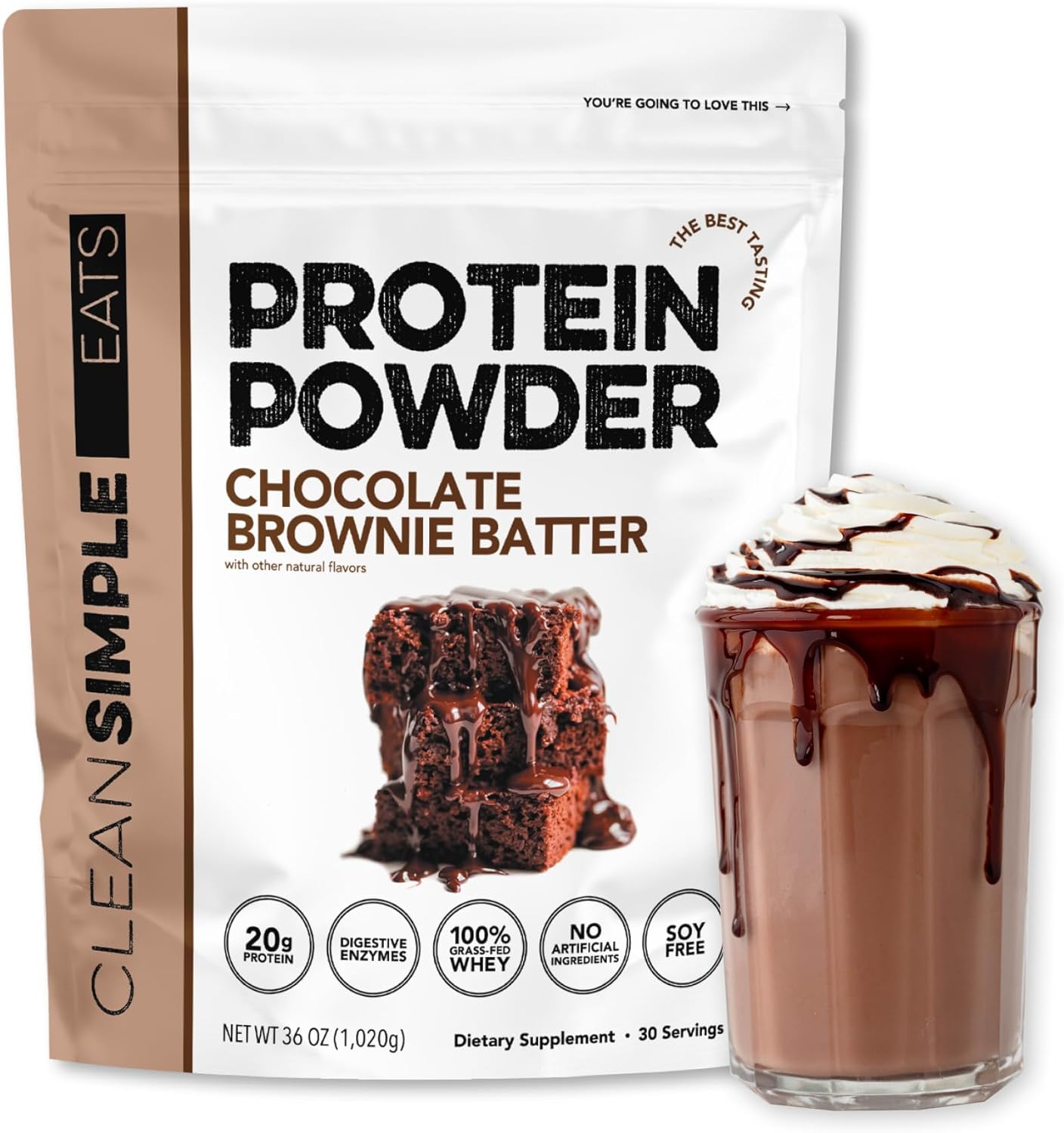 Clean Simple Eats Whey Protein Powder, Chocolate Brownie Batter Flavor Naturally Sweetened, 100% Grass Fed Protein Powder with Digestive Enzymes & No Artificial Ingredients, Gluten Free, 30 Servings